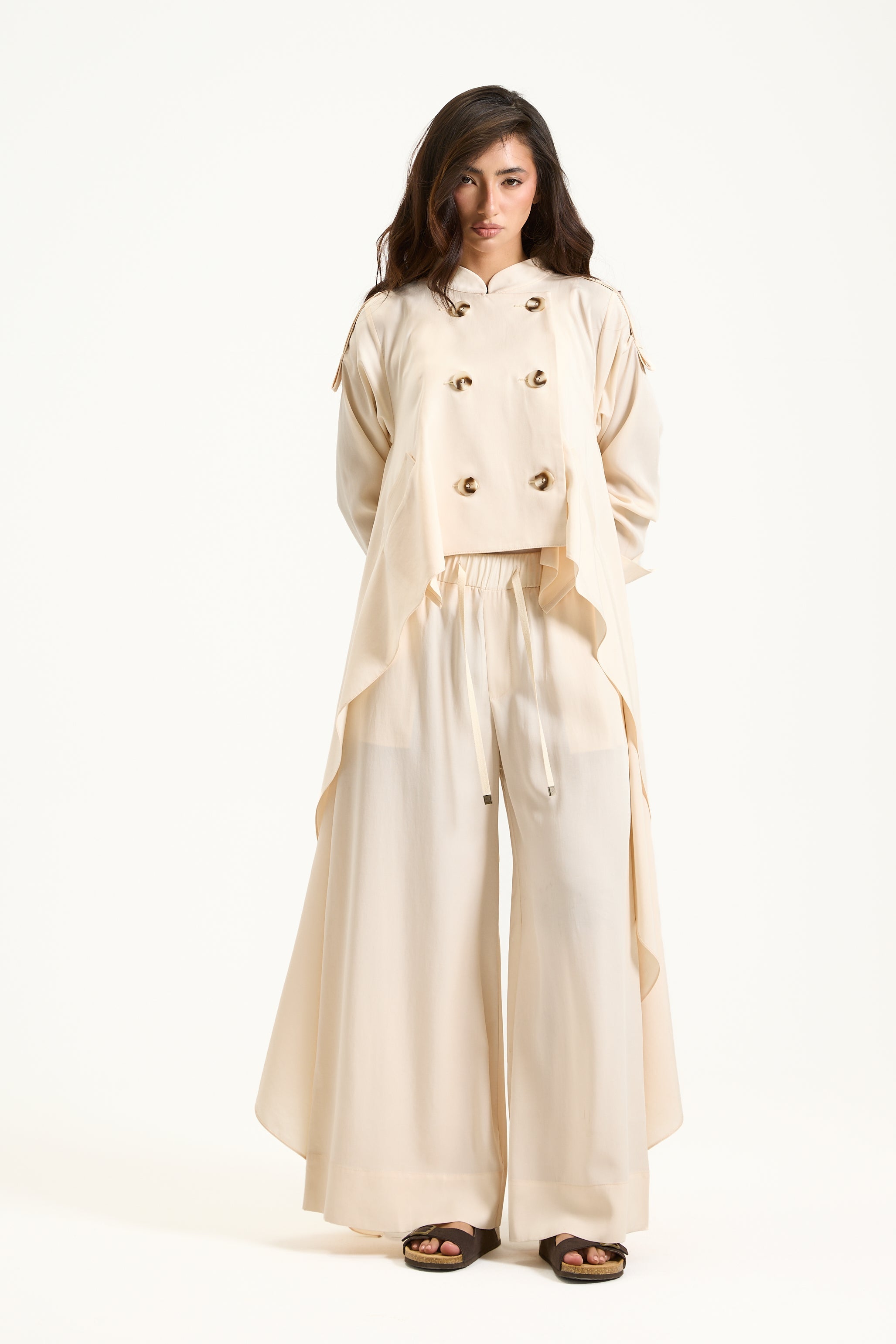 Elastic Waist Cropped Wide Leg Off White