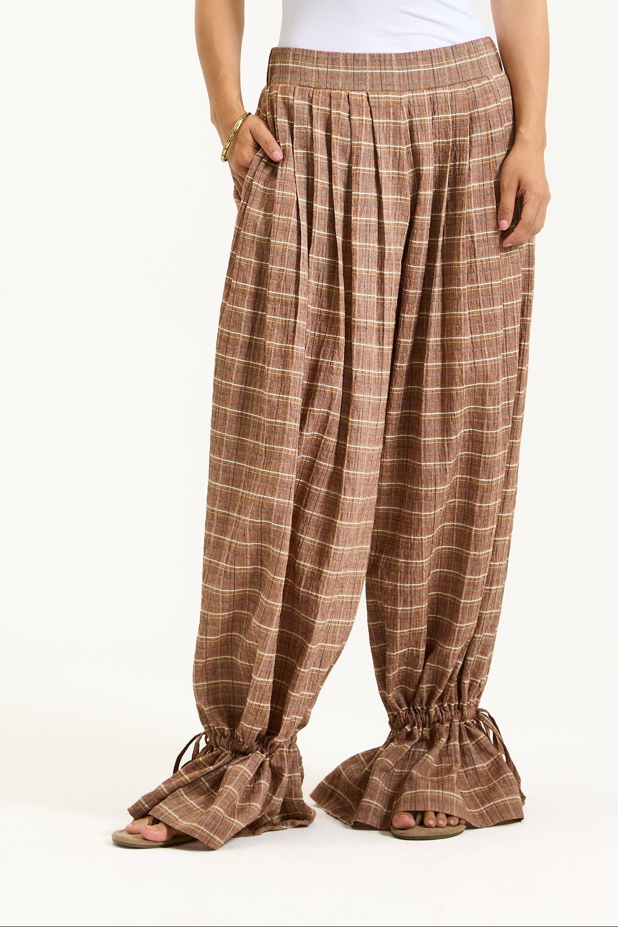 Checker Wide Leg Belted Bottom Pants