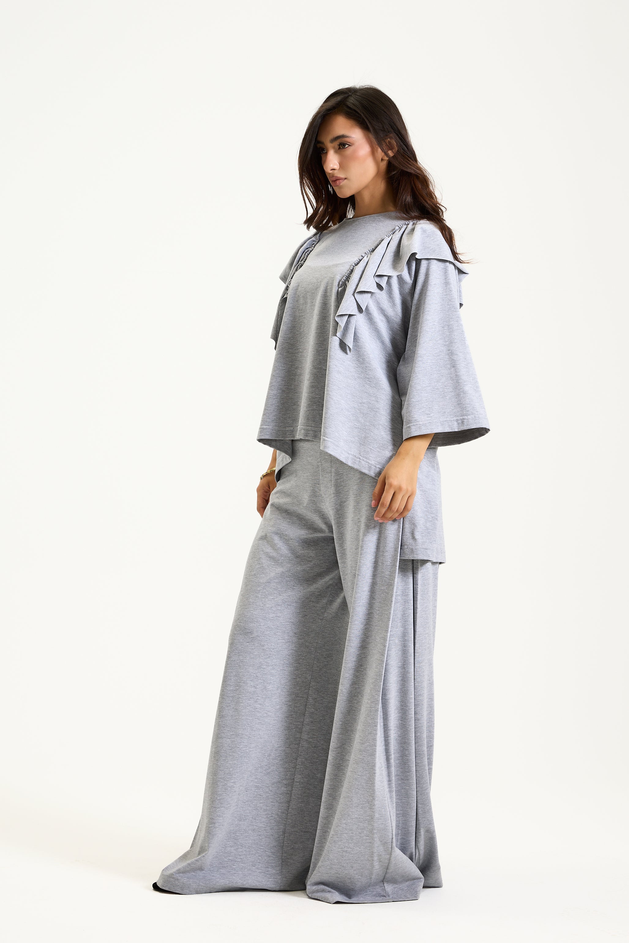 Shoulders Ruffles Quarteer Sleeves T-Shirt