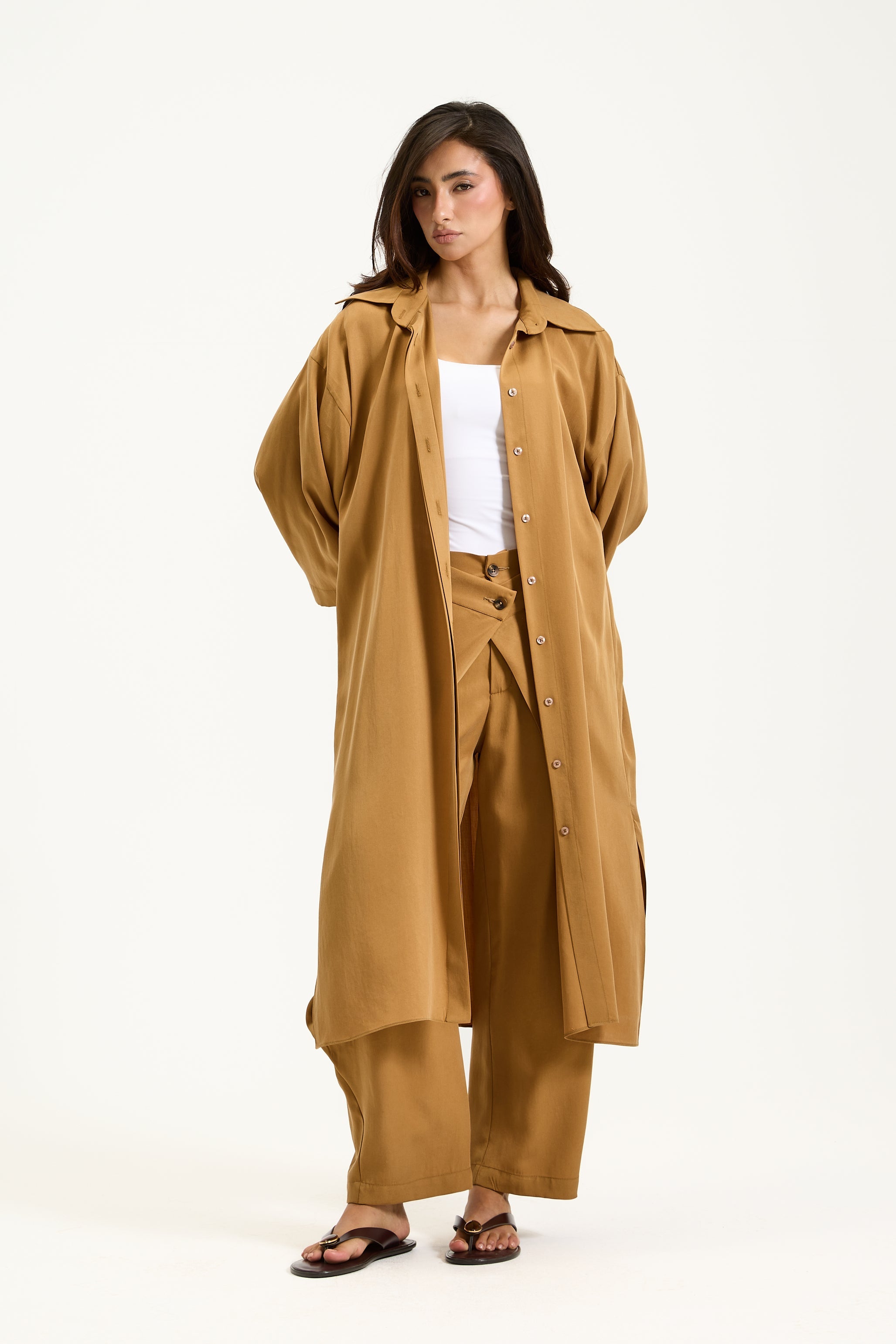Quarter Sleeves Midi Shirt In Camel