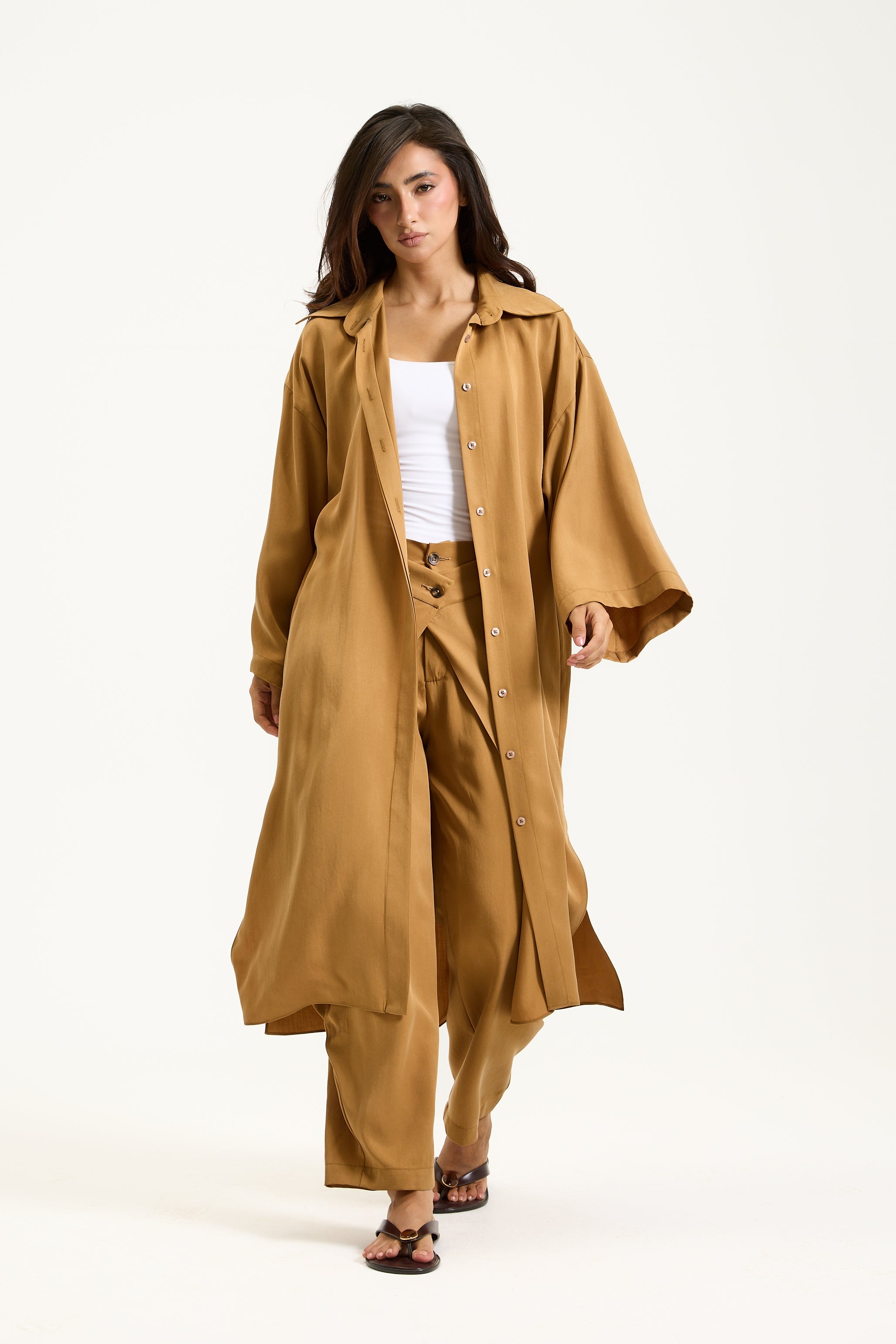Quarter Sleeves Midi Shirt In Camel
