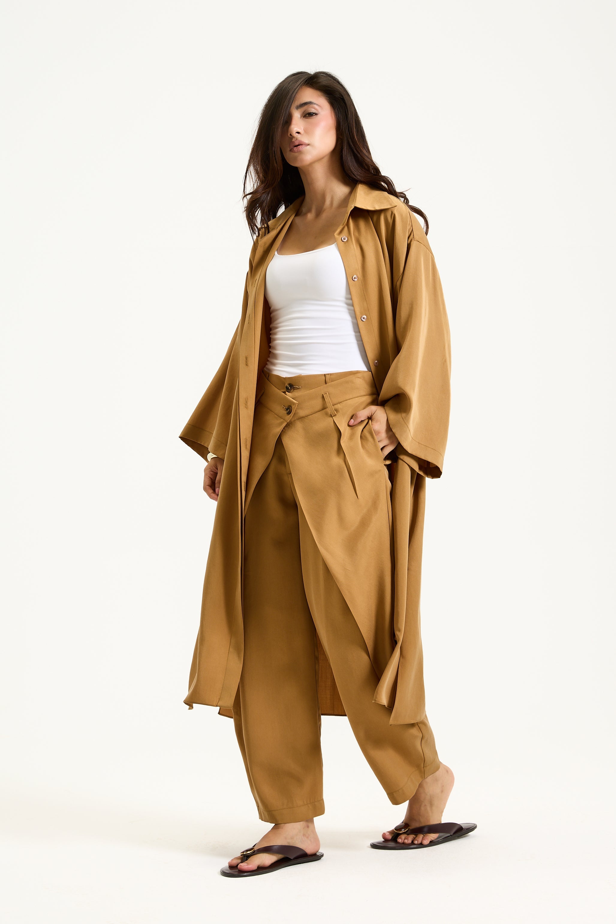 Quarter Sleeves Midi Shirt In Camel
