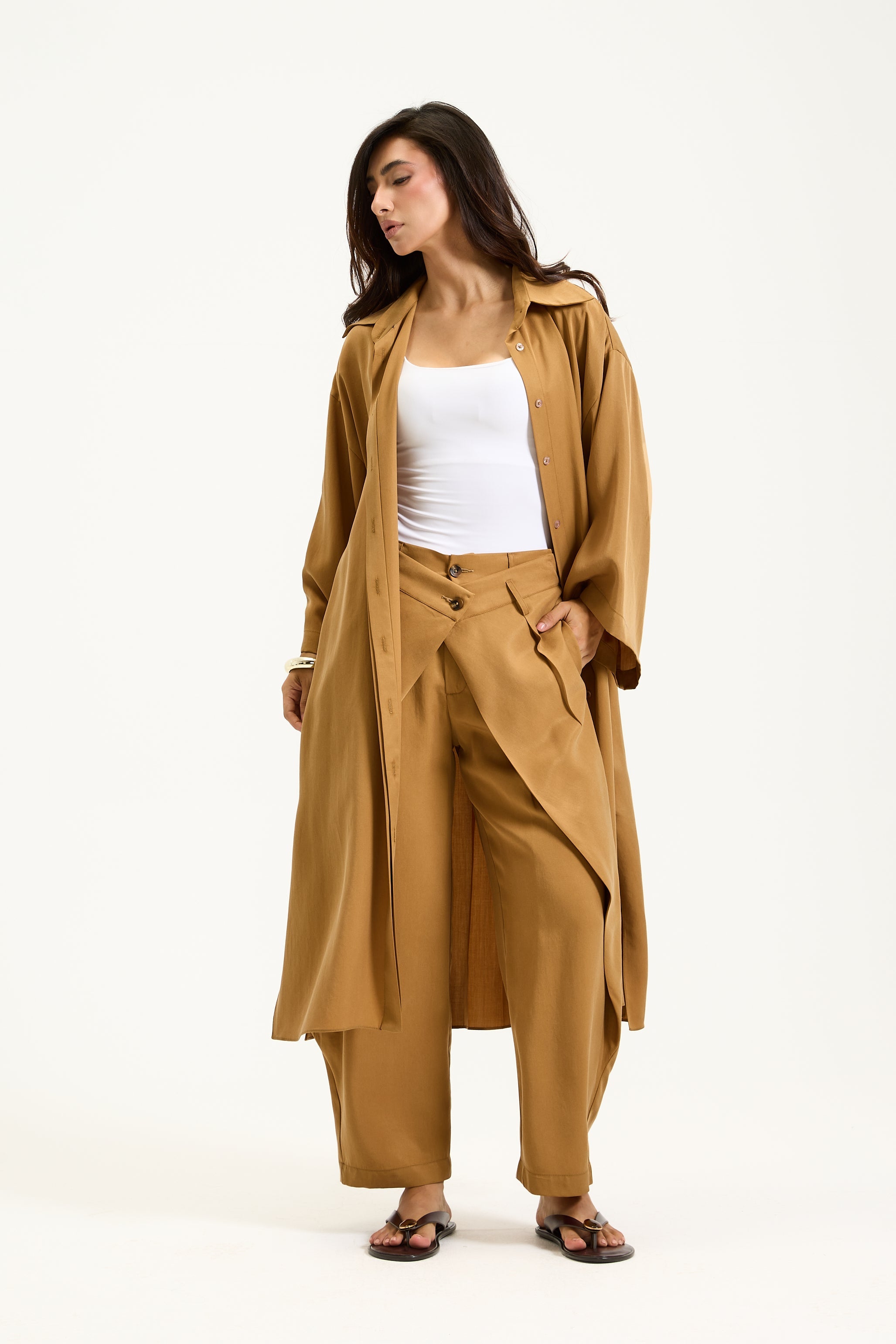 Quarter Sleeves Midi Shirt In Camel