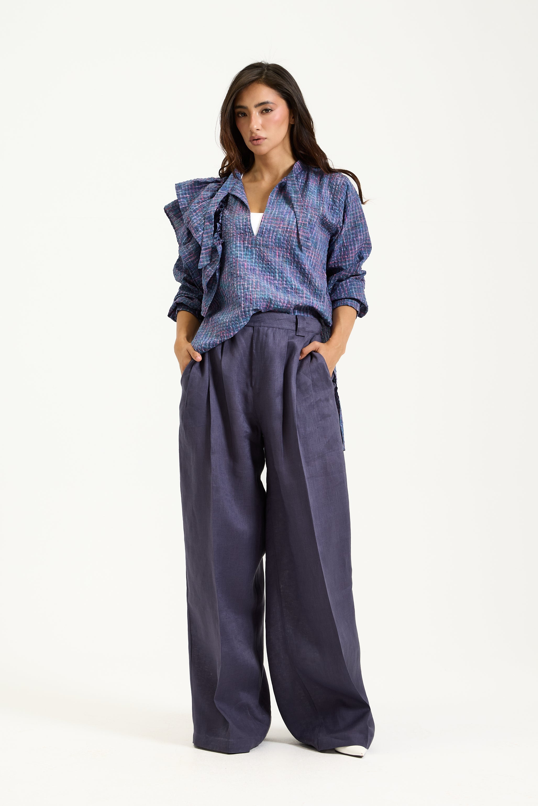 Blue Plaid Ruffles Top