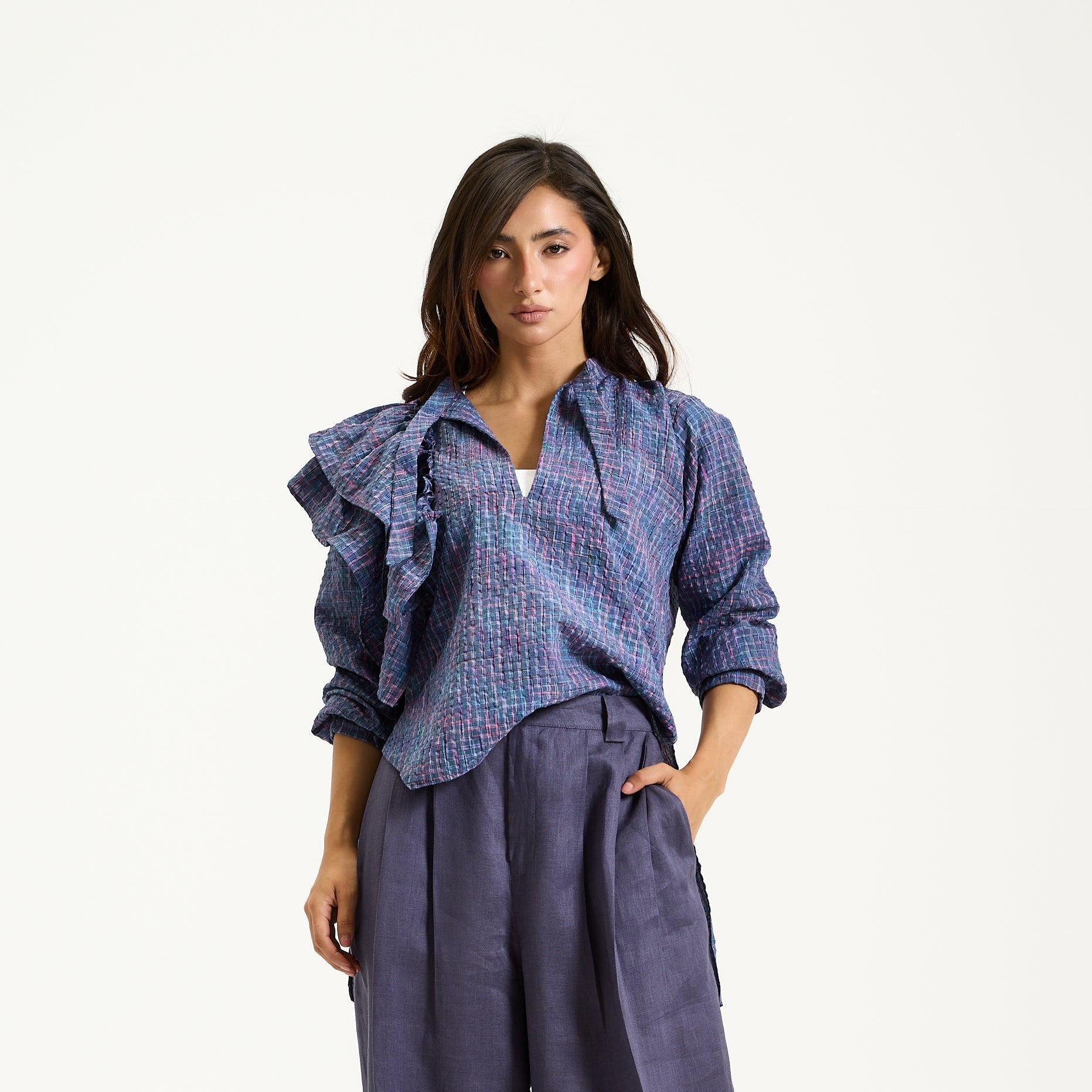 Blue Plaid Ruffles Top