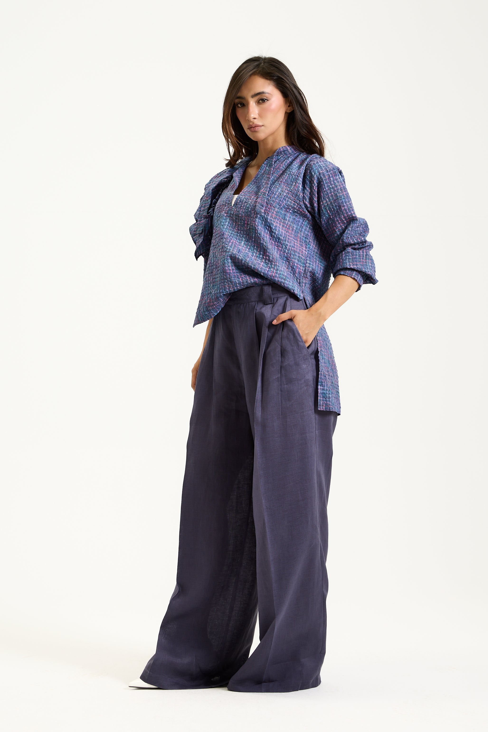 Blue Plaid Ruffles Top