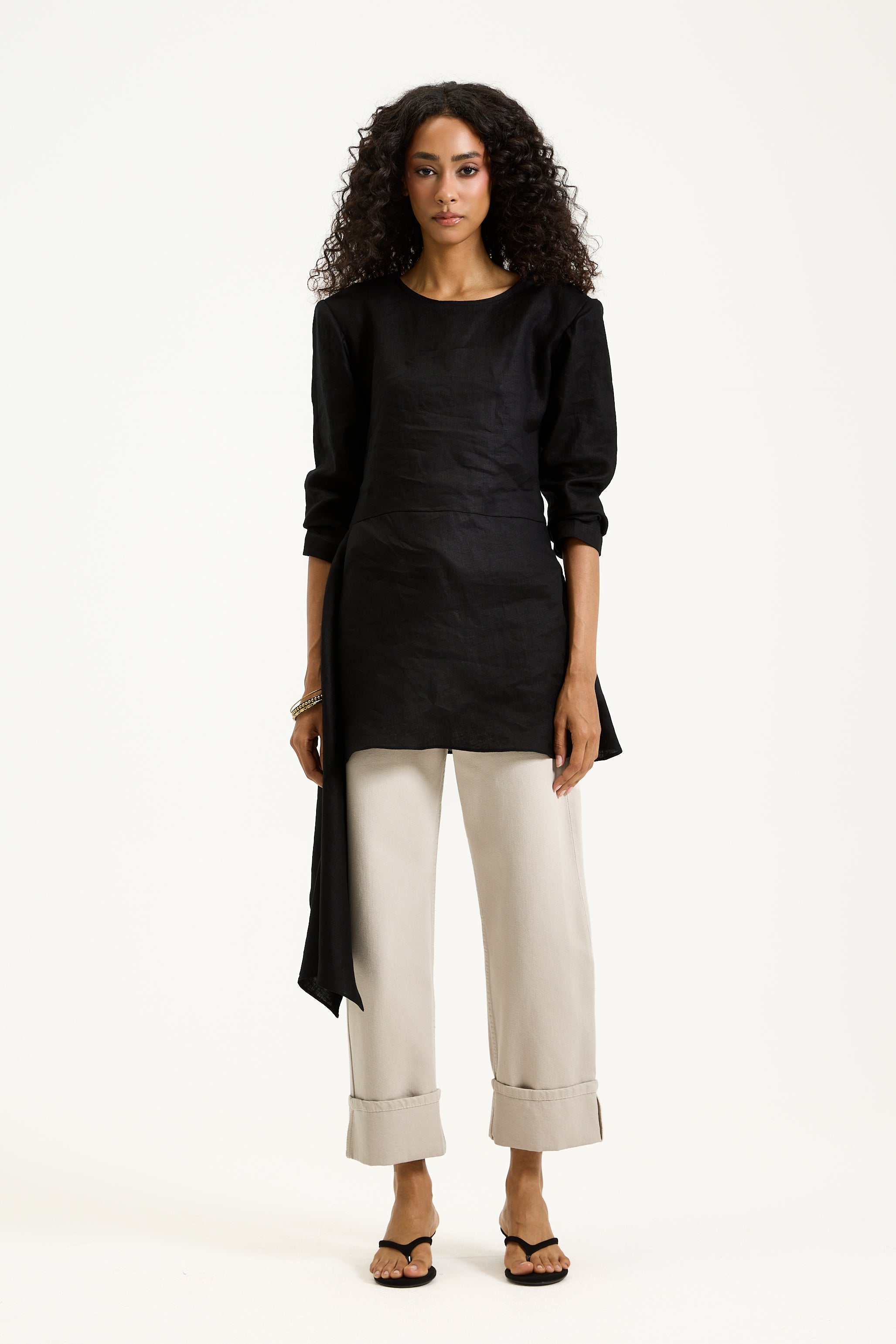 Asymmetrical Linen Shoulder Pads Top