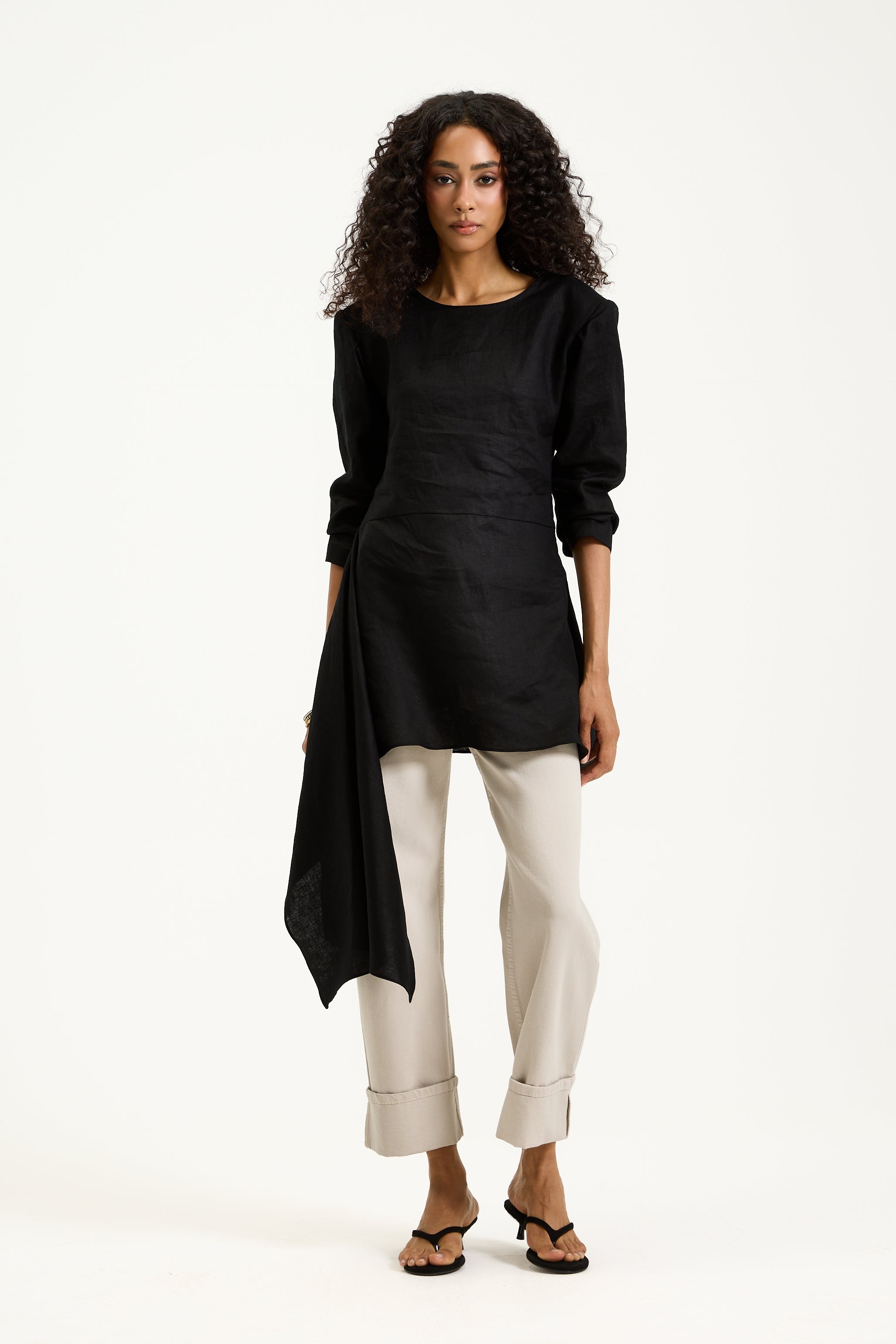 Asymmetrical Linen Shoulder Pads Top