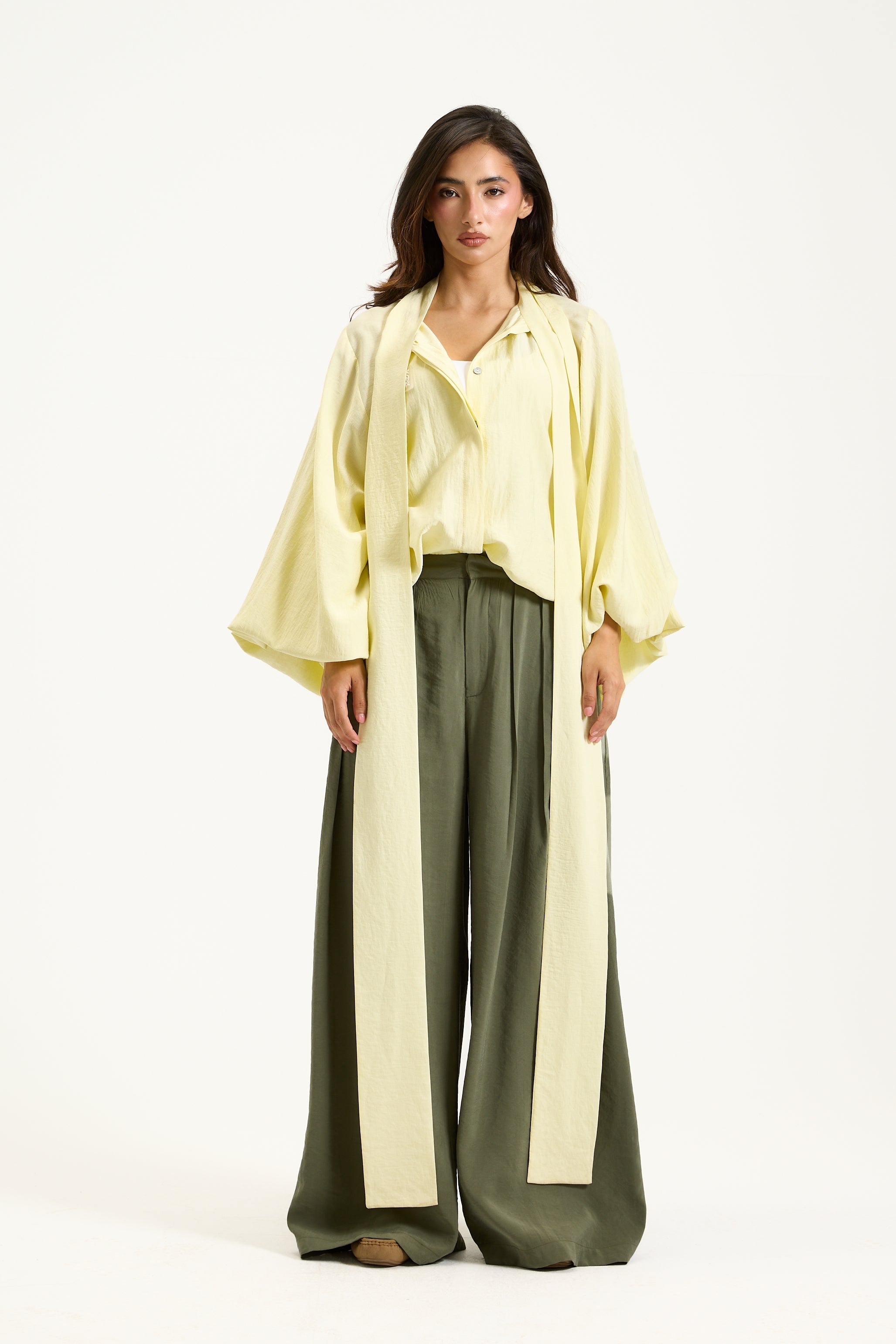 Yellow Tie Balloon Sleeves Shirt