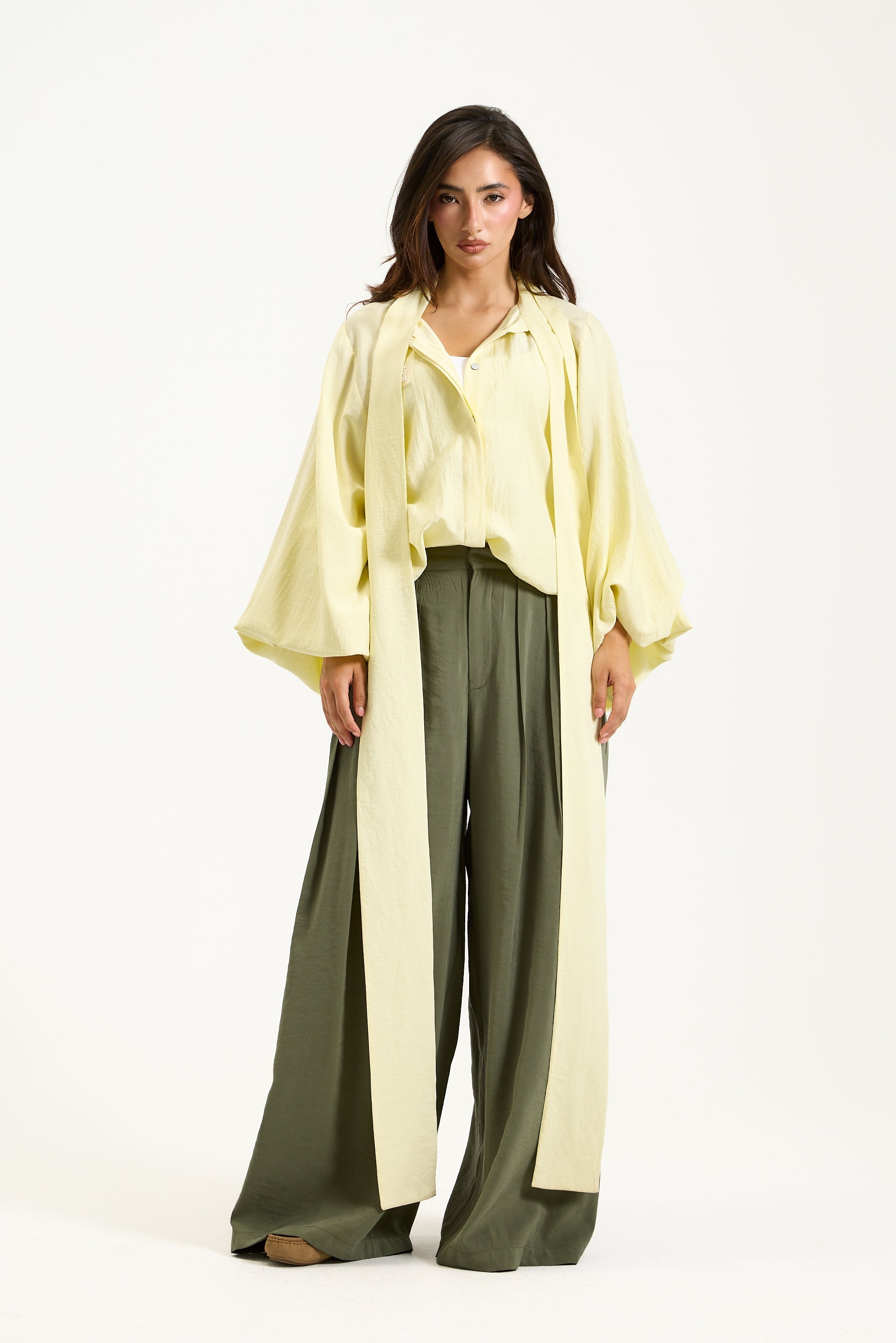 Yellow Tie Balloon Sleeves Shirt