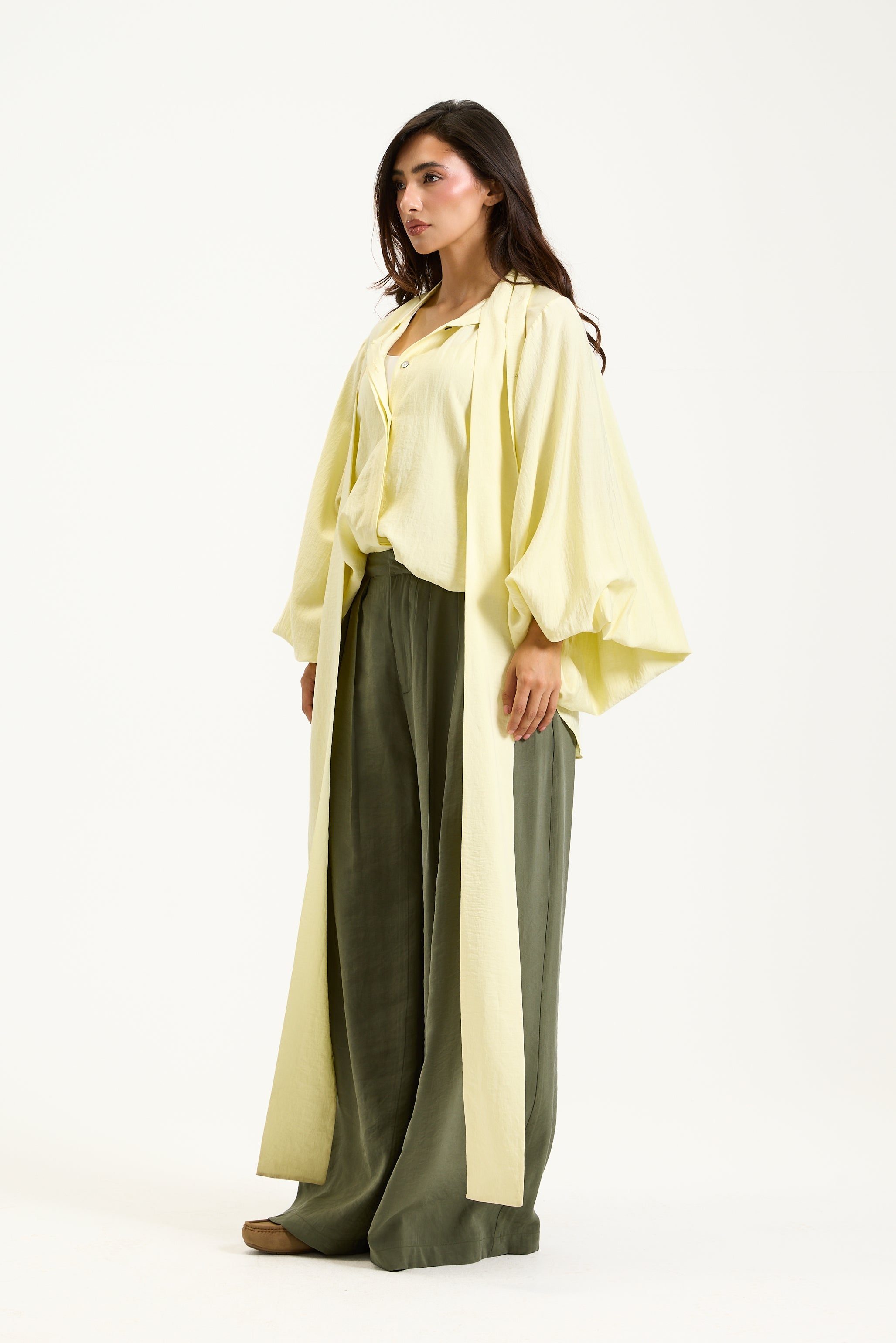 Yellow Tie Balloon Sleeves Shirt