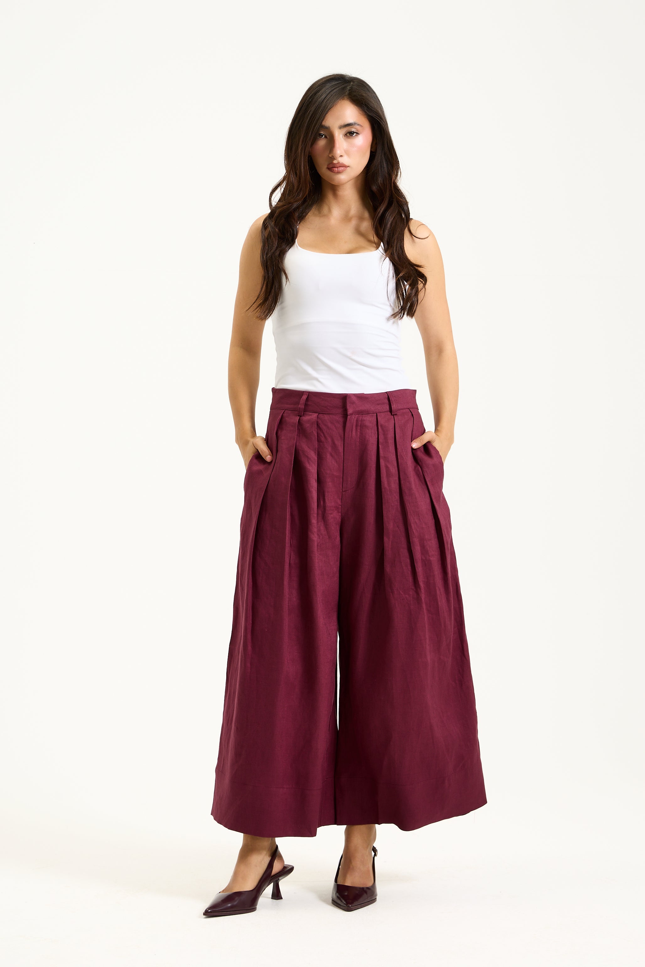 Linen Cropped Pleated Wide Leg