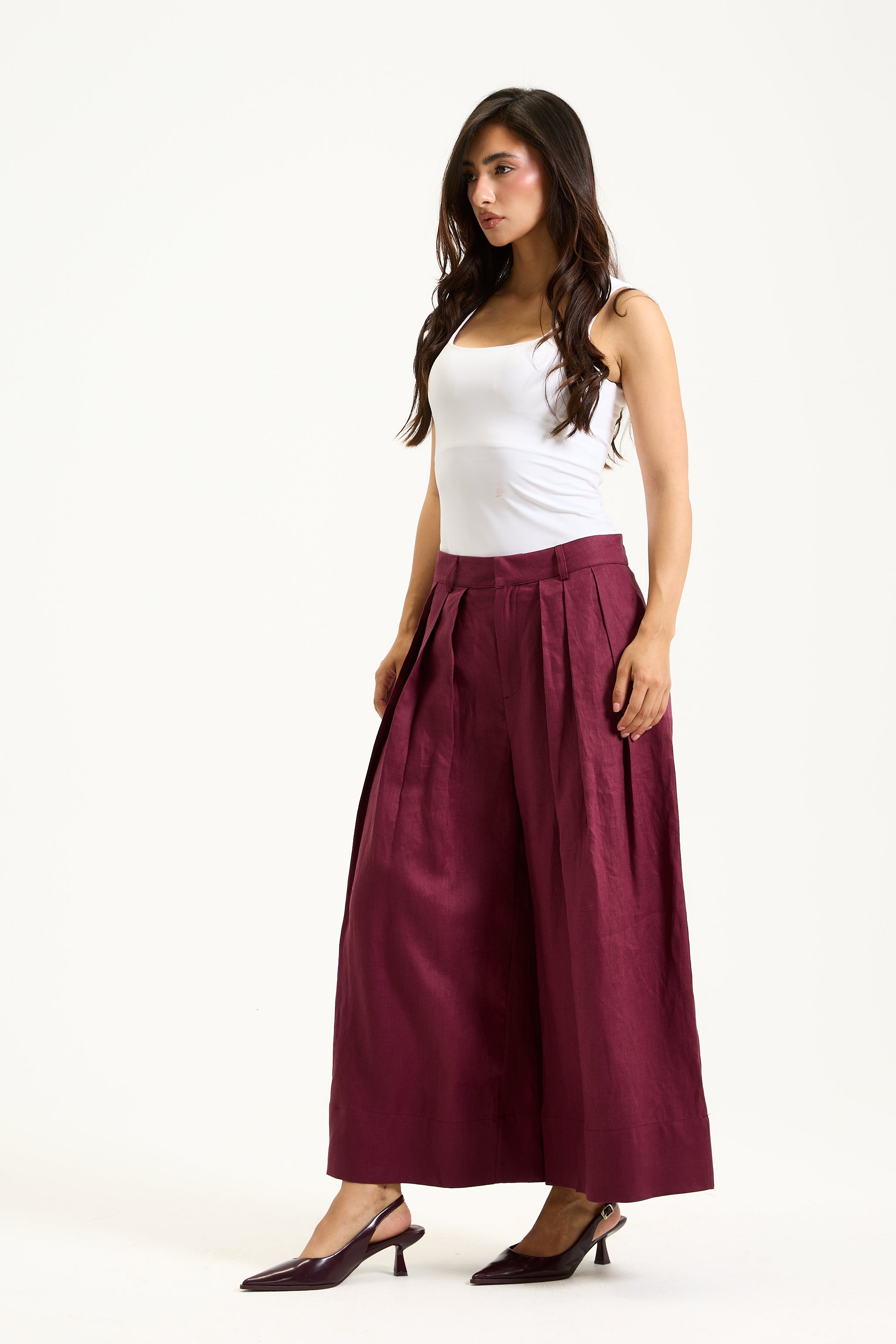 Linen Cropped Pleated Wide Leg