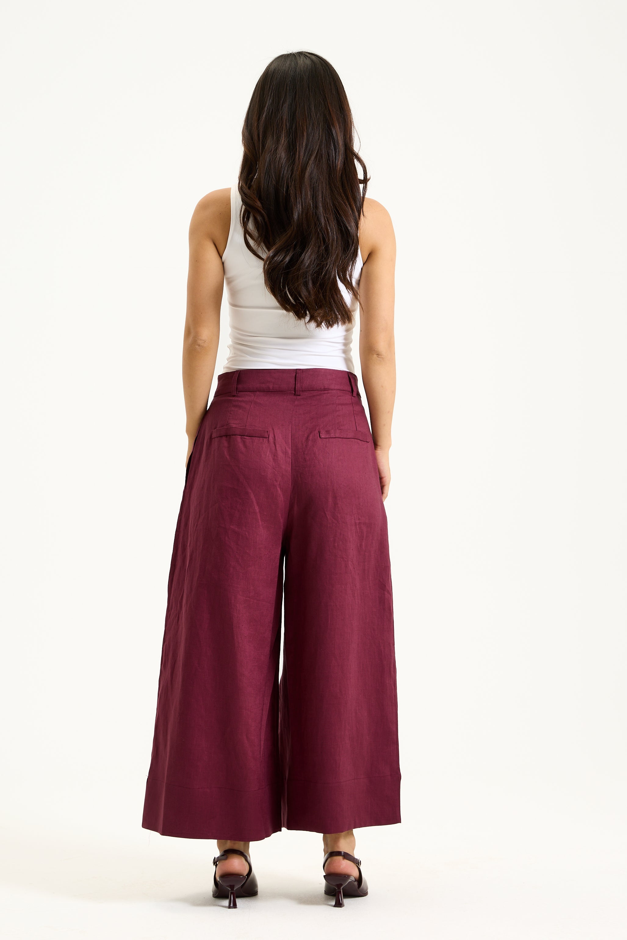 Linen Cropped Pleated Wide Leg