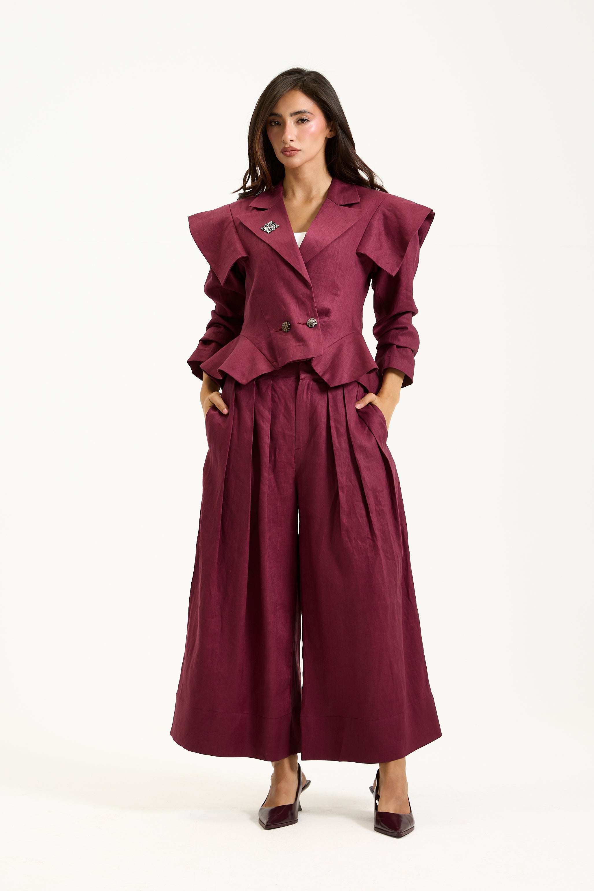 Linen Cropped Pleated Wide Leg
