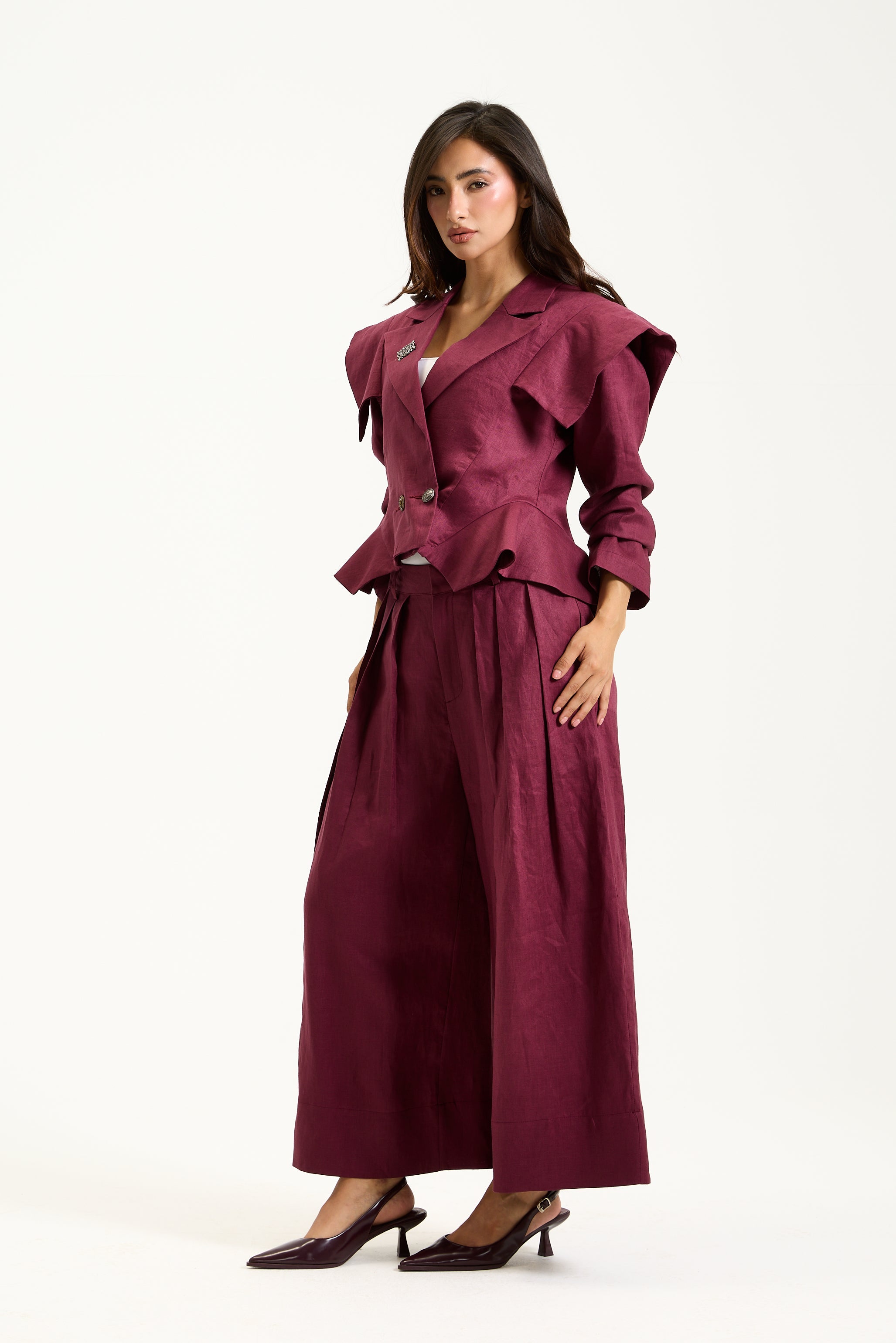 Linen Cropped Pleated Wide Leg