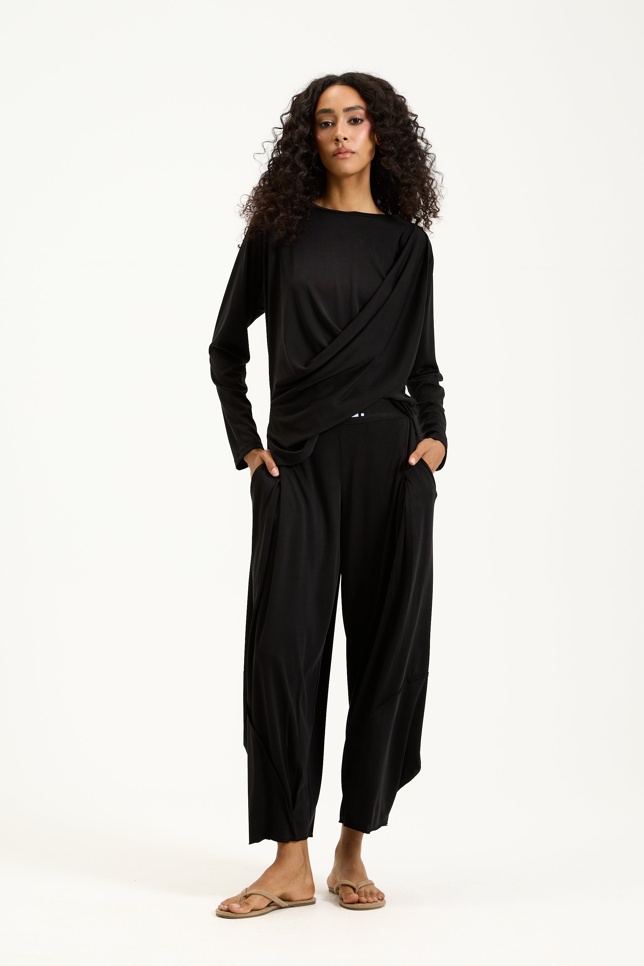 Patchwork Elastic Waist Pants Black