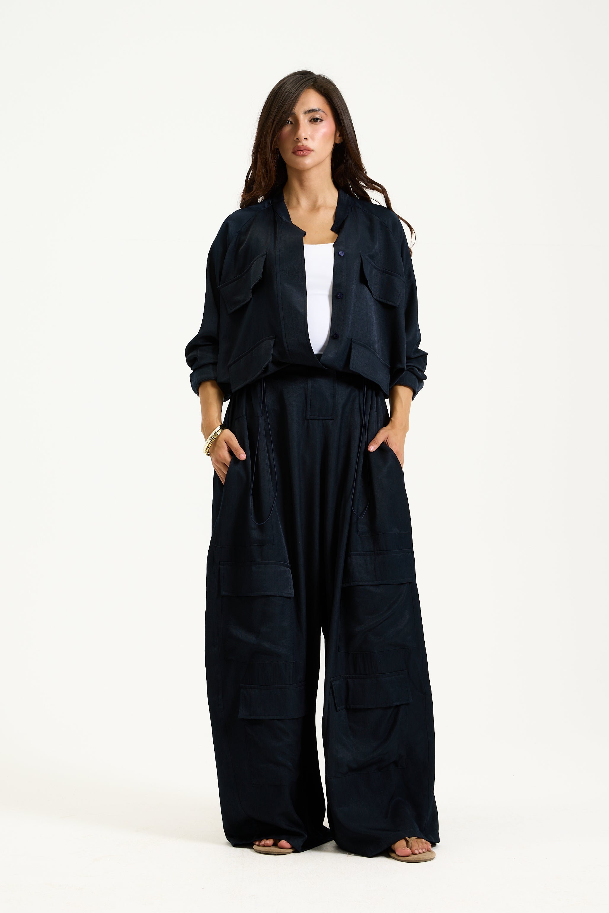 Wide Leg Cargo Jumpsuit In Navy