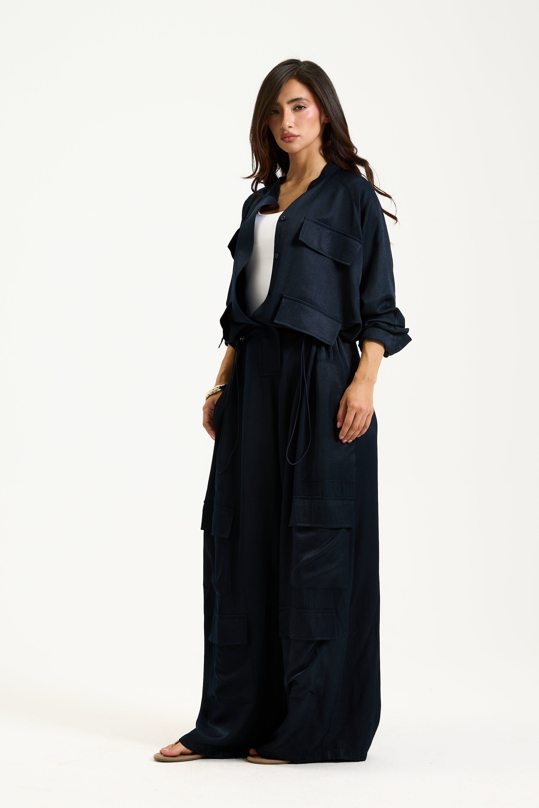 Wide Leg Cargo Jumpsuit In Navy