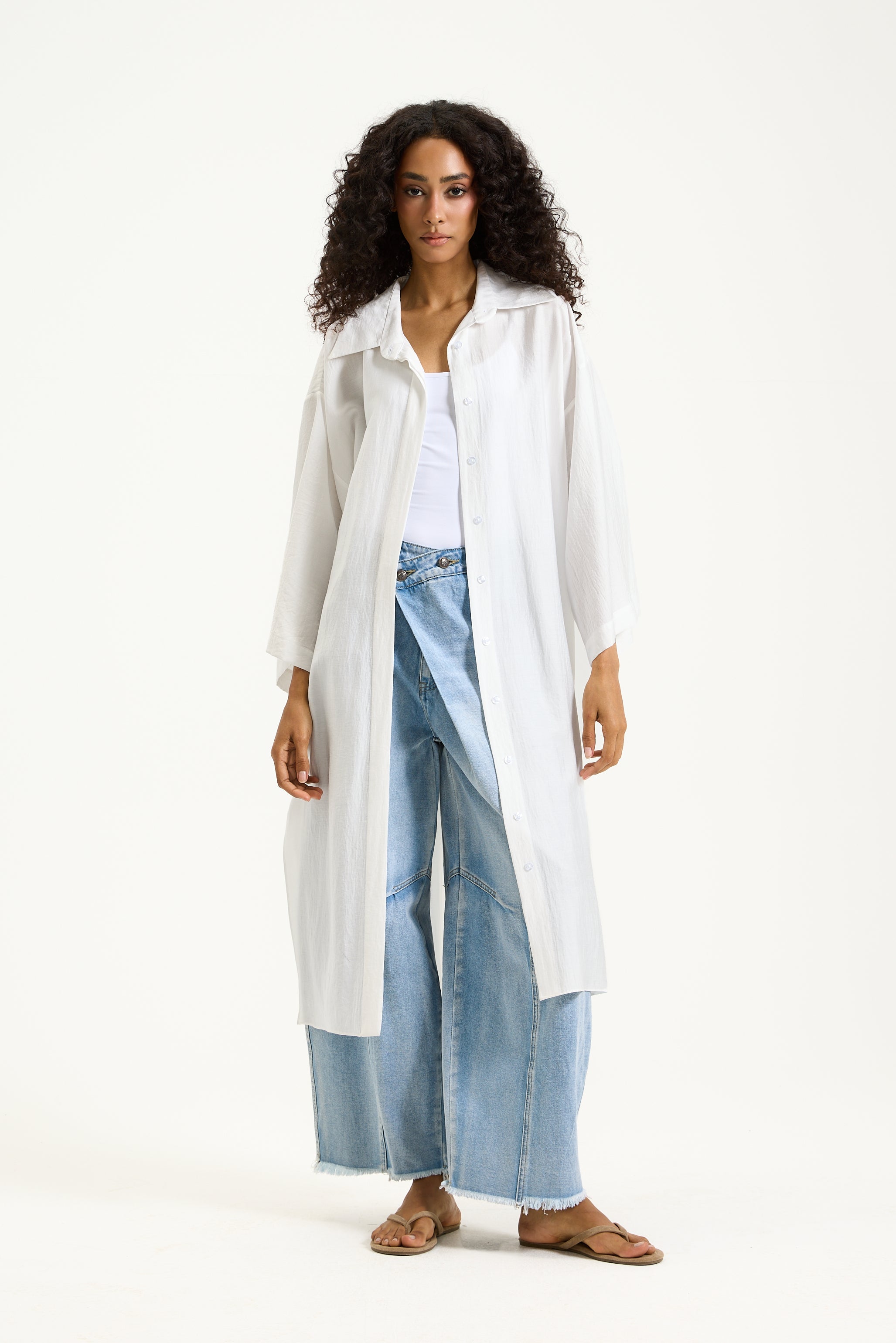 Quarter Sleeves Midi Shirt In White