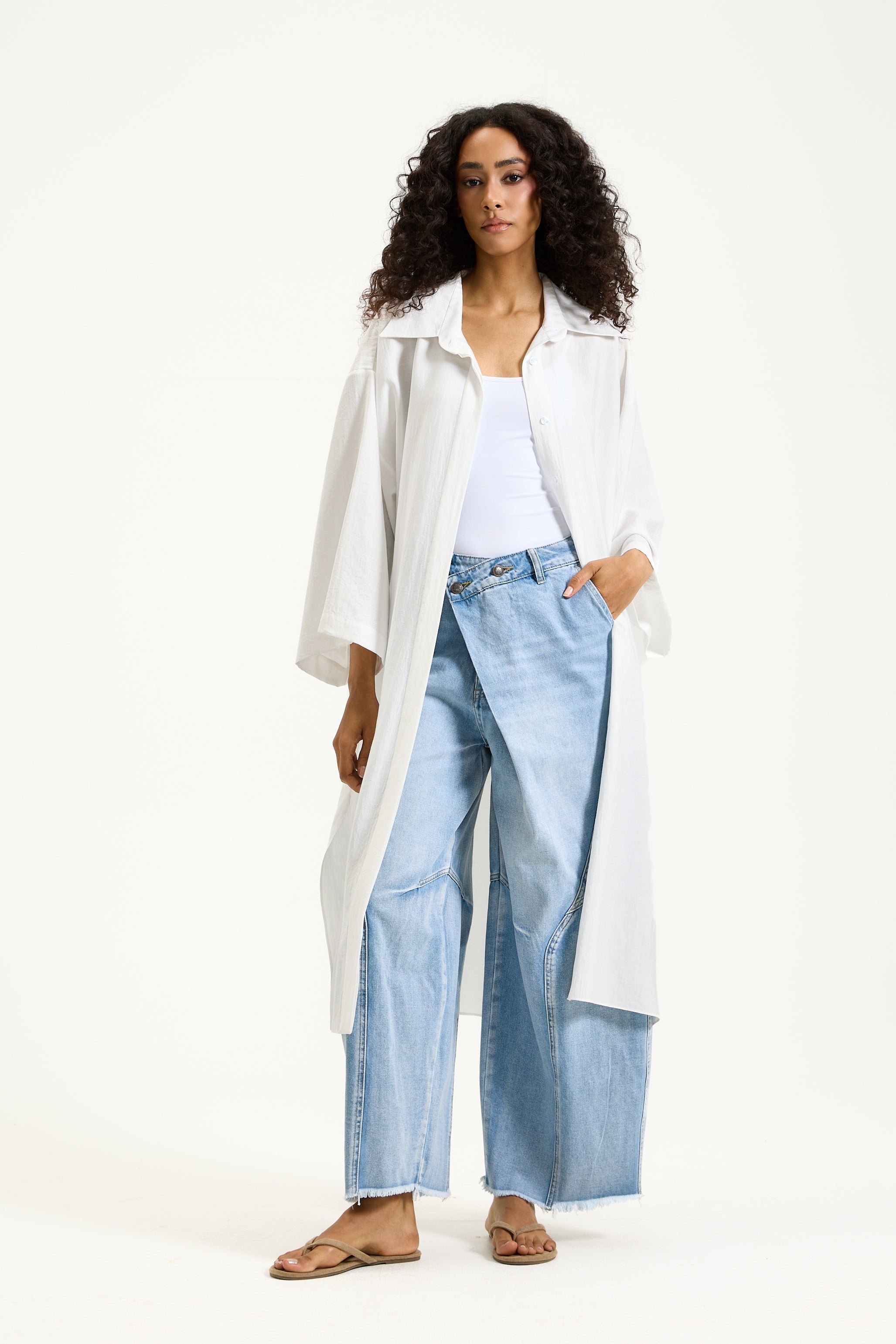 Quarter Sleeves Midi Shirt In White
