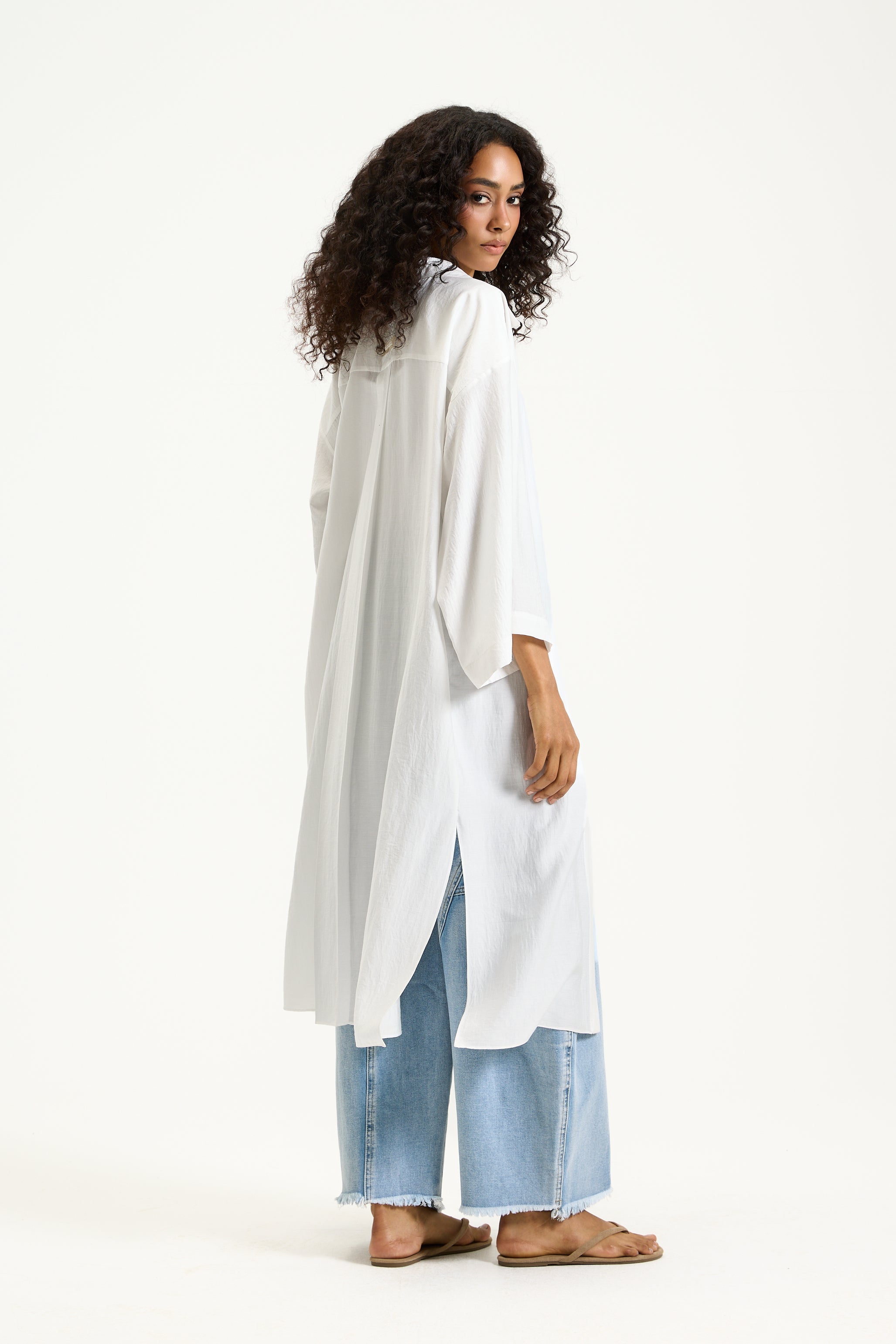 Quarter Sleeves Midi Shirt In White