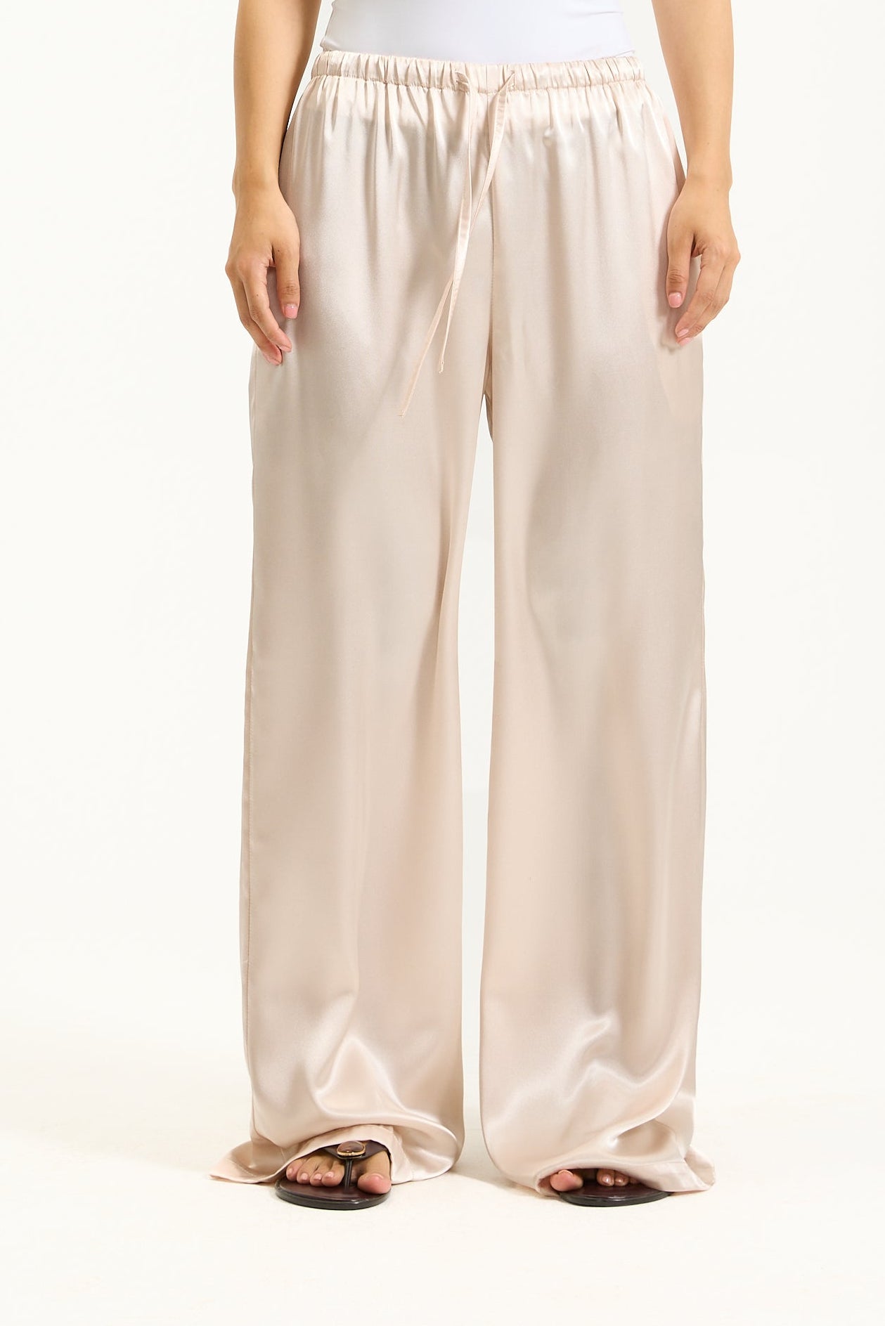 Straight Leg Off White Satin Pants