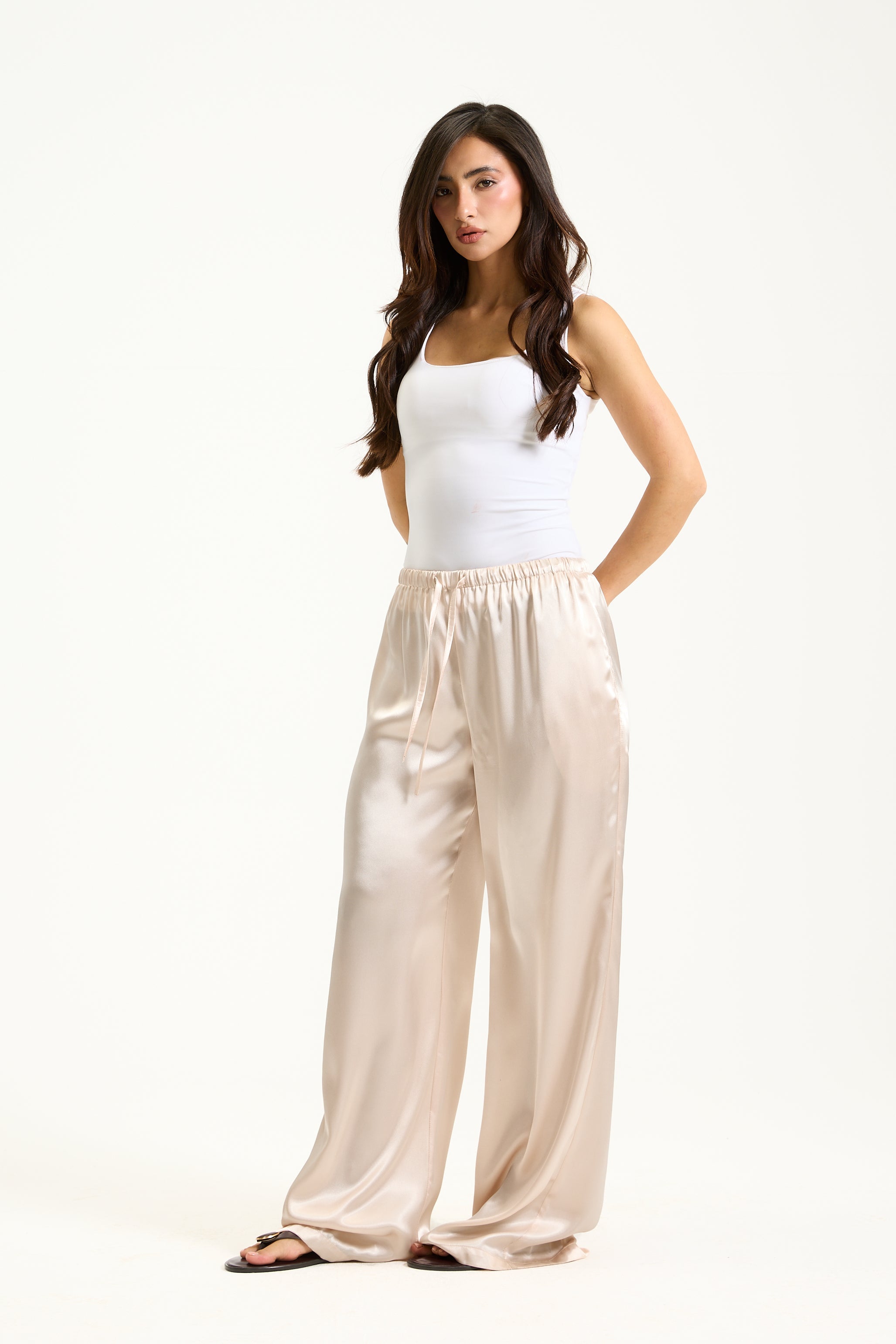 Straight Leg Off White Satin Pants