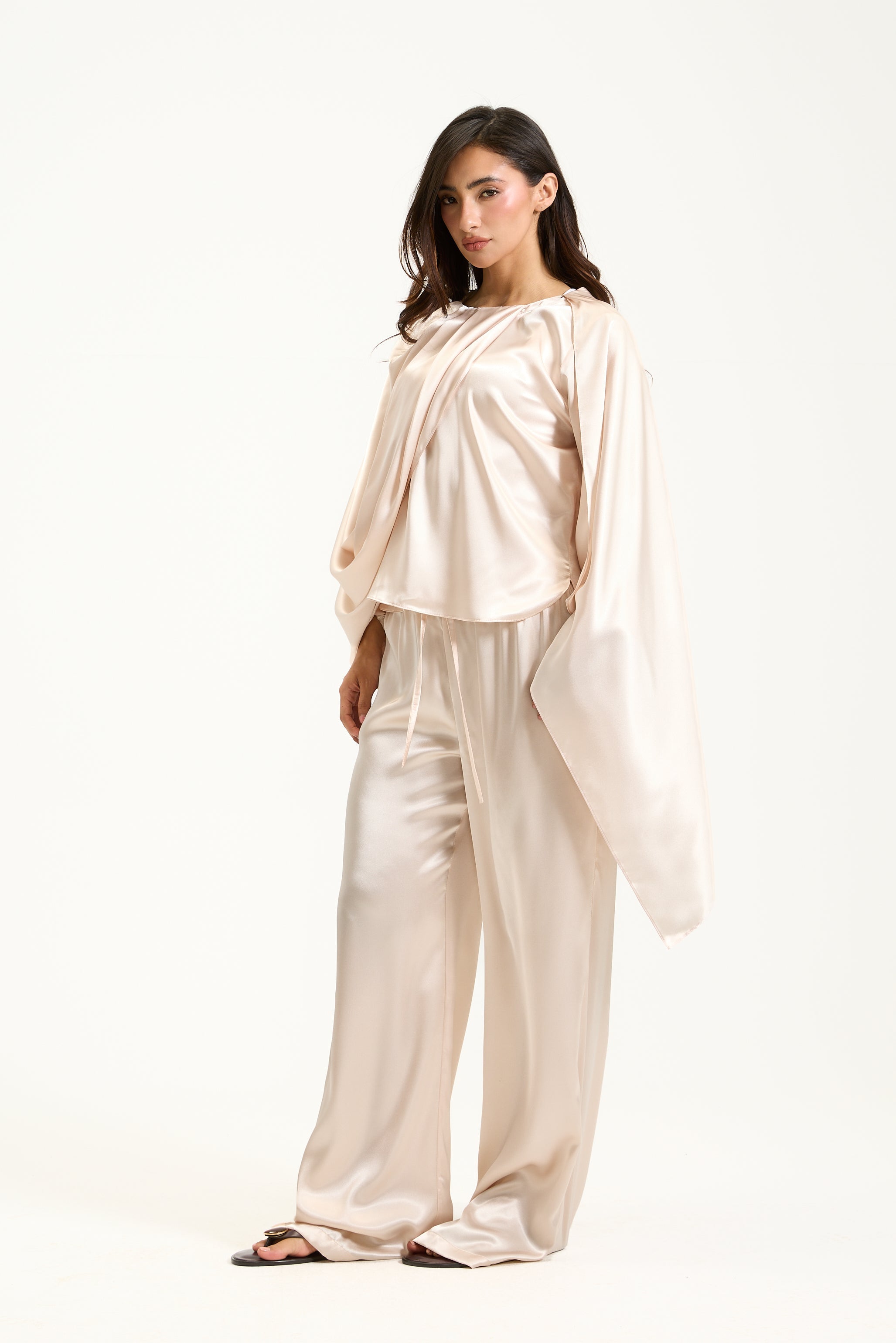 Straight Leg Off White Satin Pants