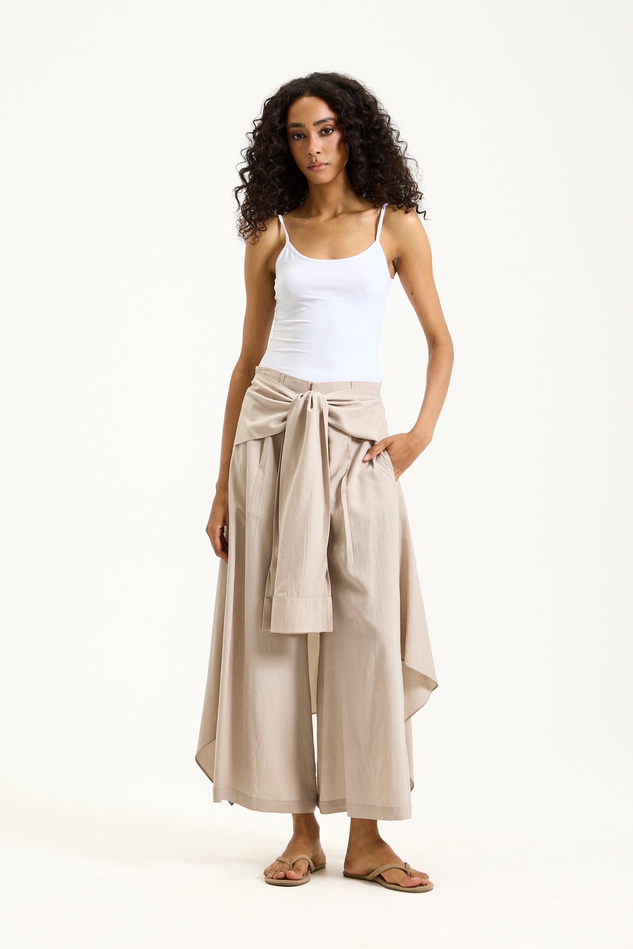Wrap Around Cropped Beige Pants