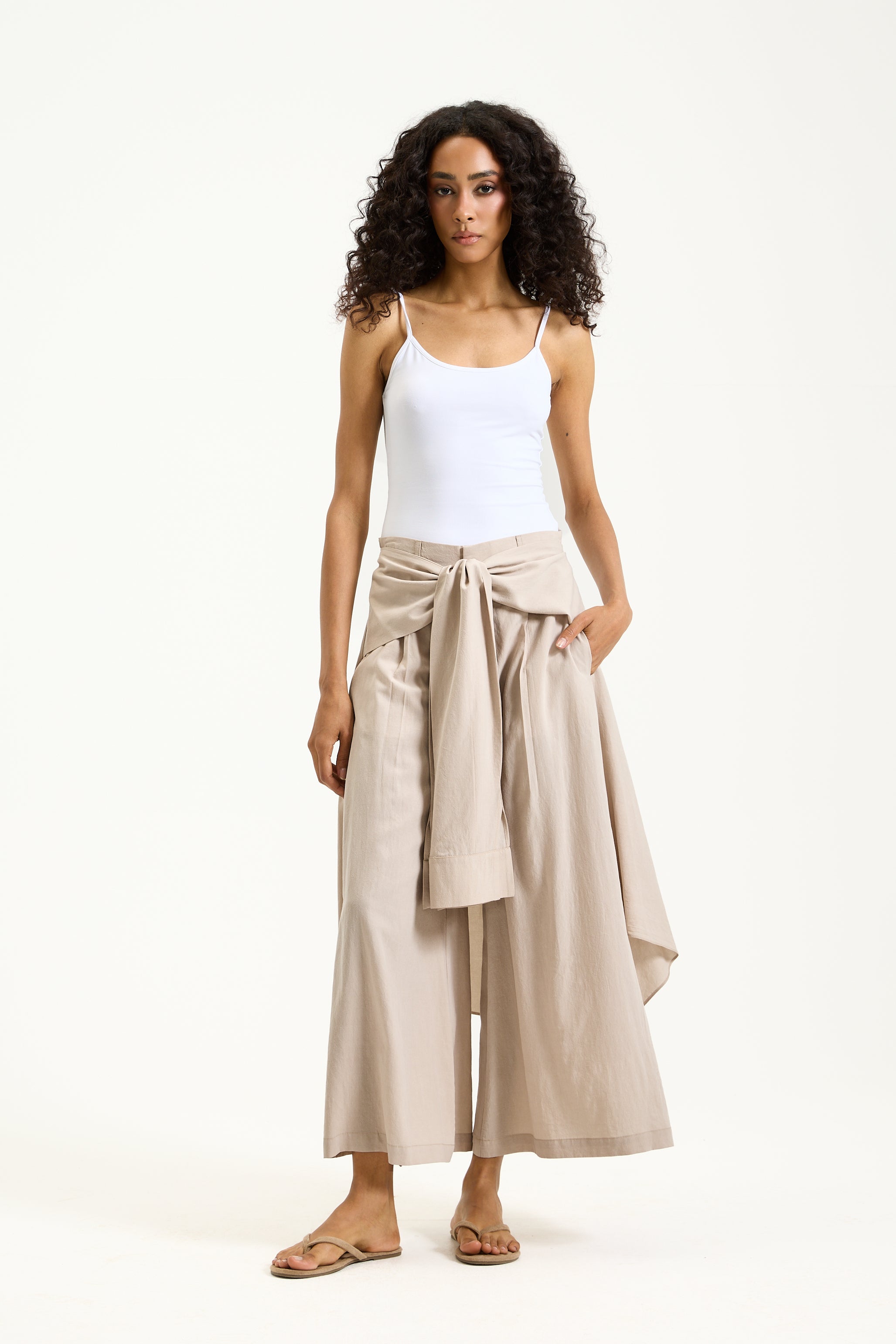 Wrap Around Cropped Beige Pants