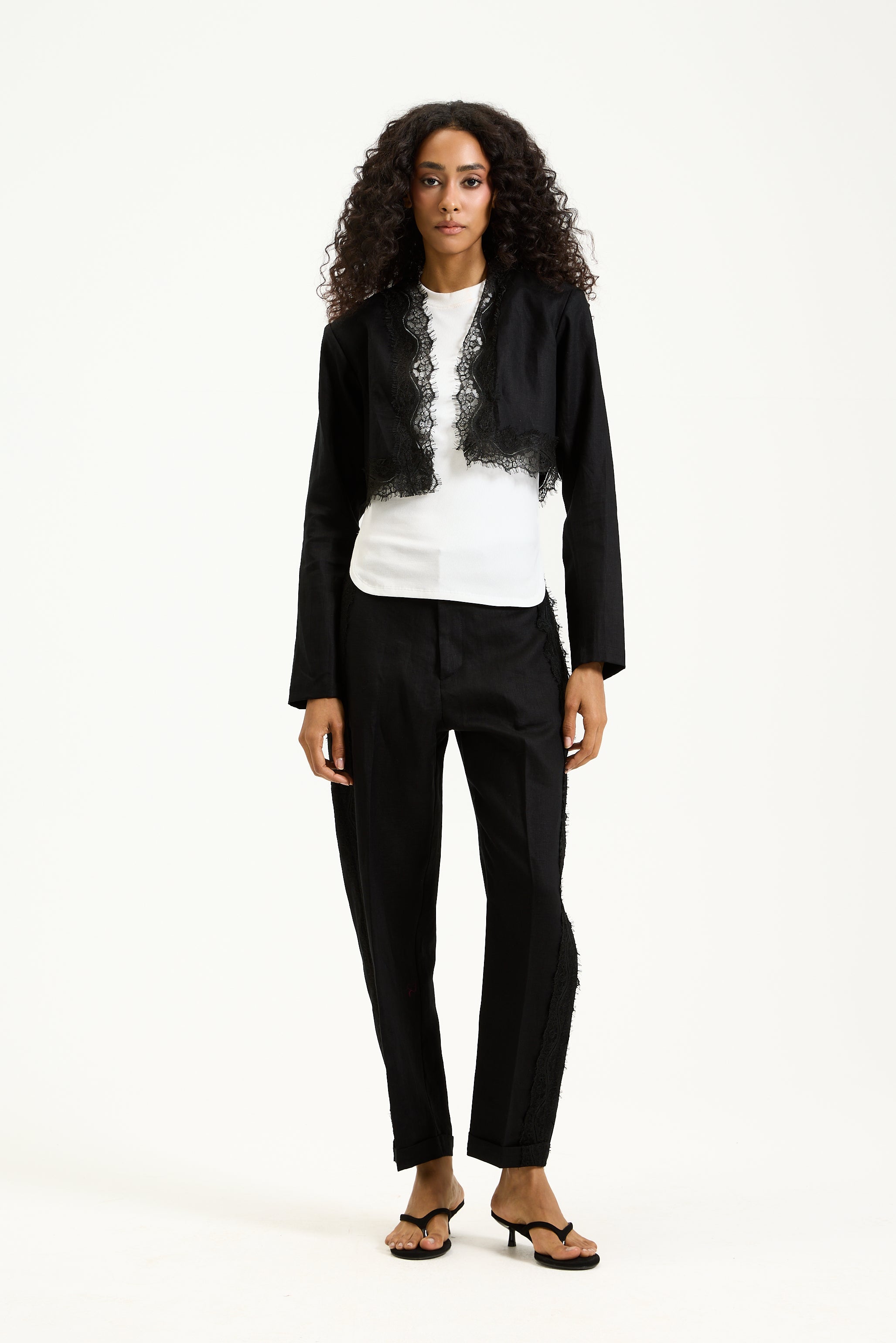 Black Linen Lace Trim Cropped Blazer