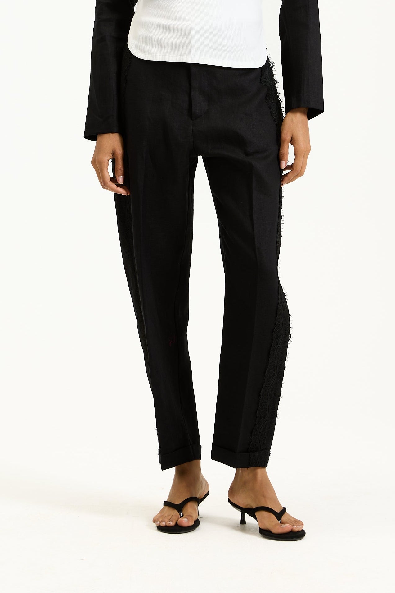 Side Lace Linen Black Pants