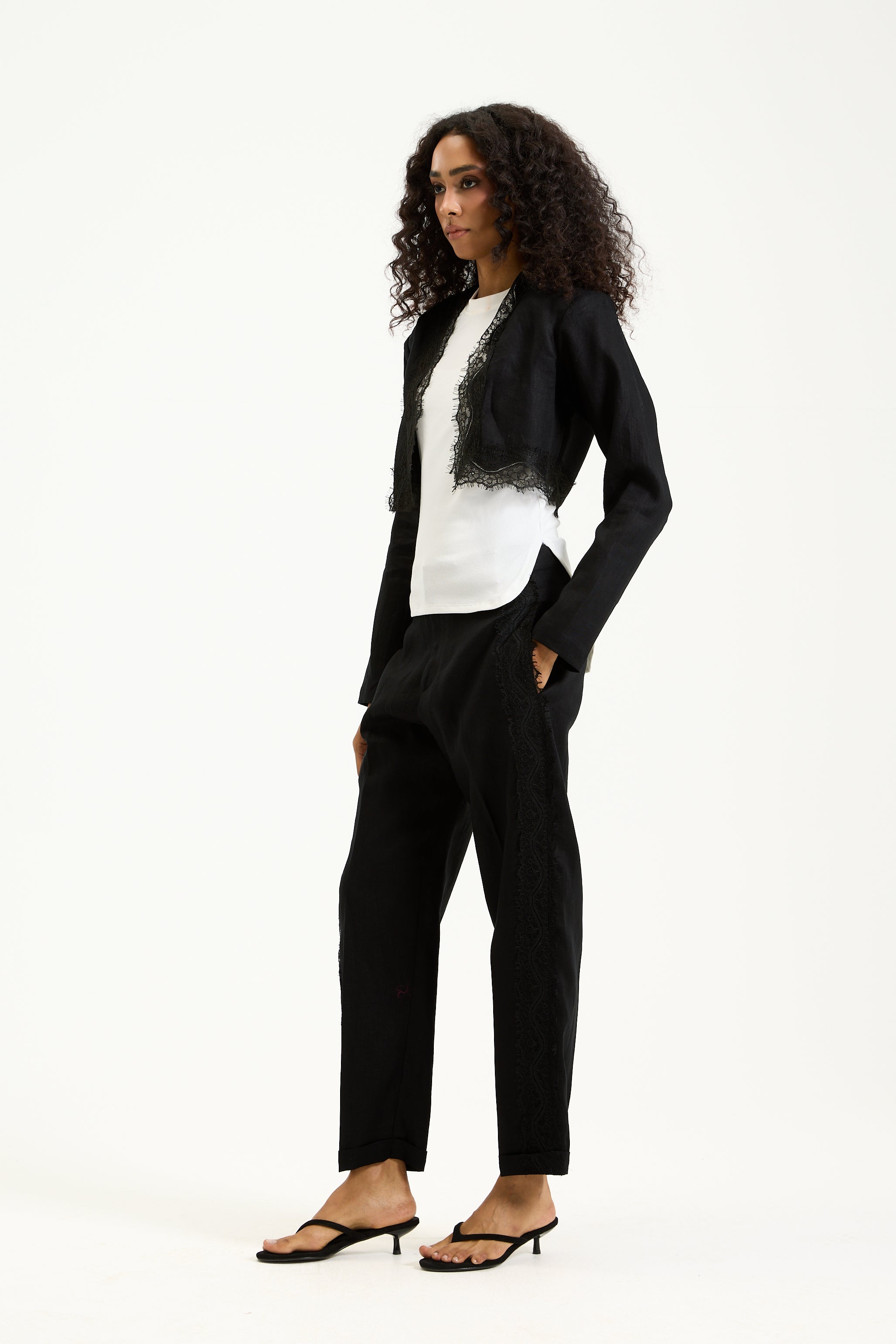 Side Lace Linen Black Pants