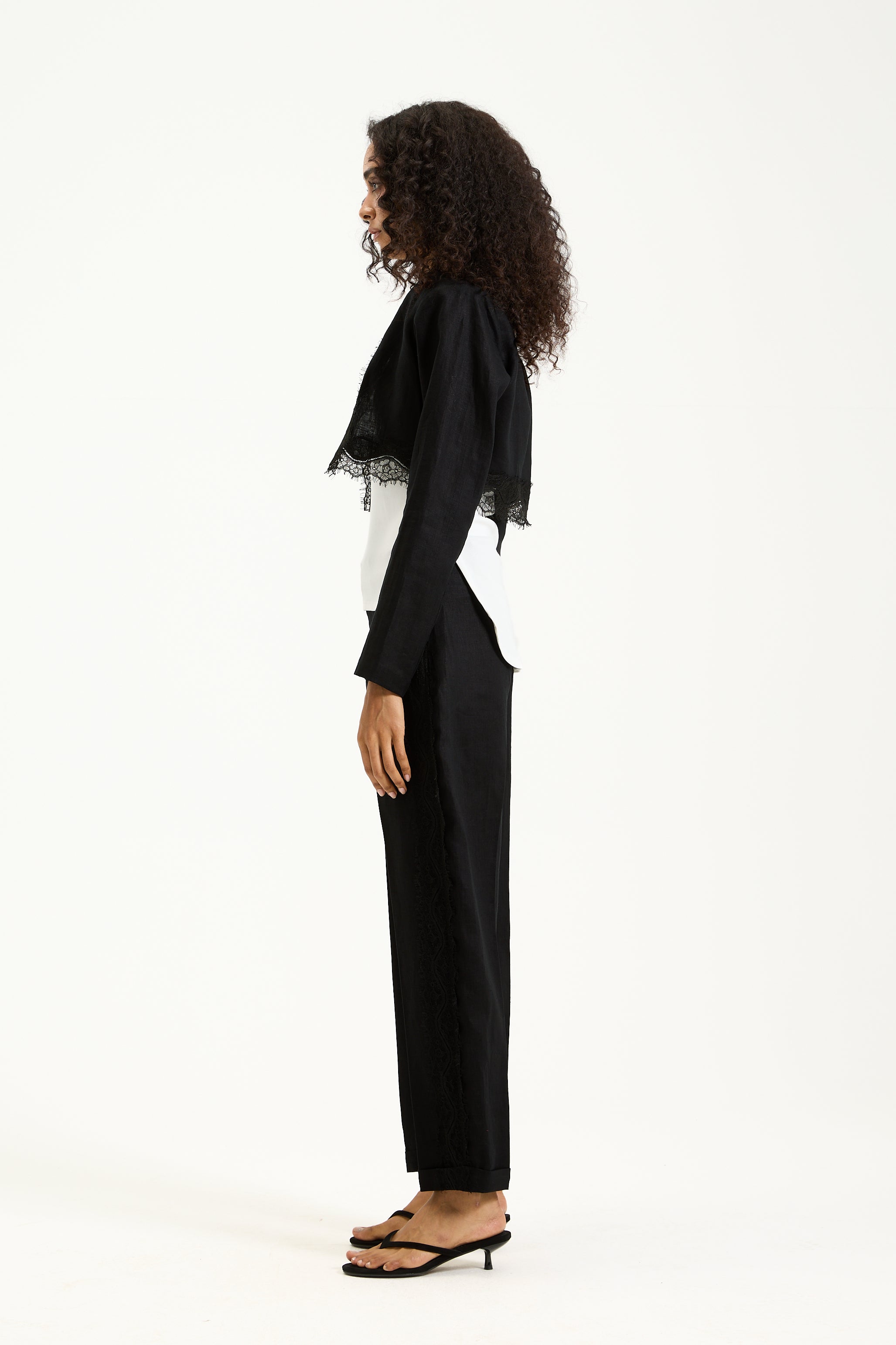 Side Lace Linen Black Pants