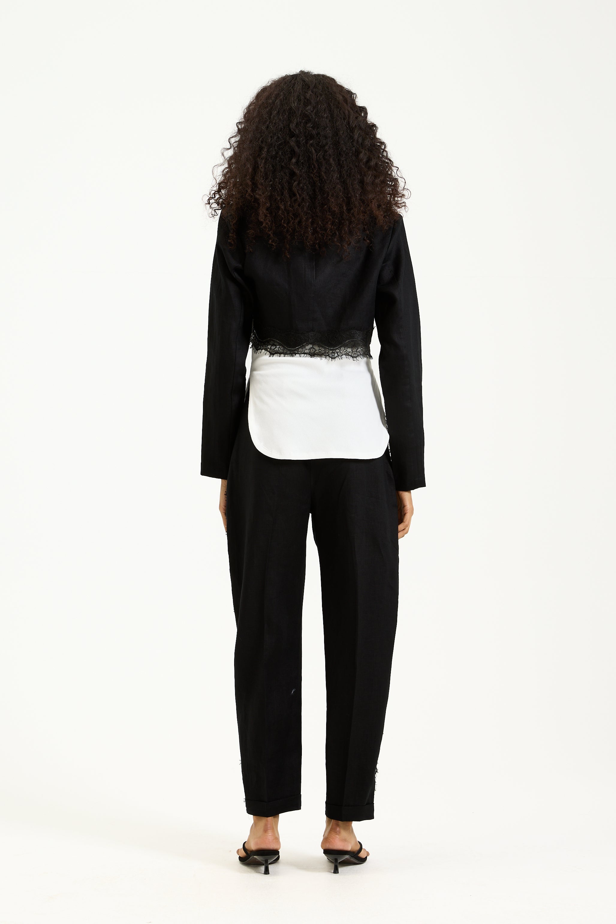Side Lace Linen Black Pants