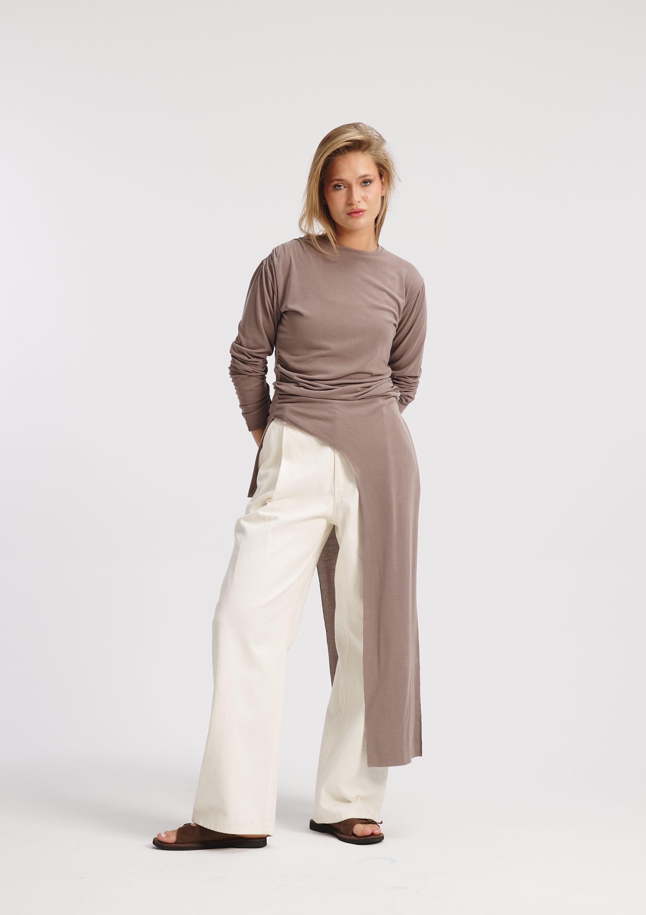 Asymmetrical sides Tight Top In Coffee
