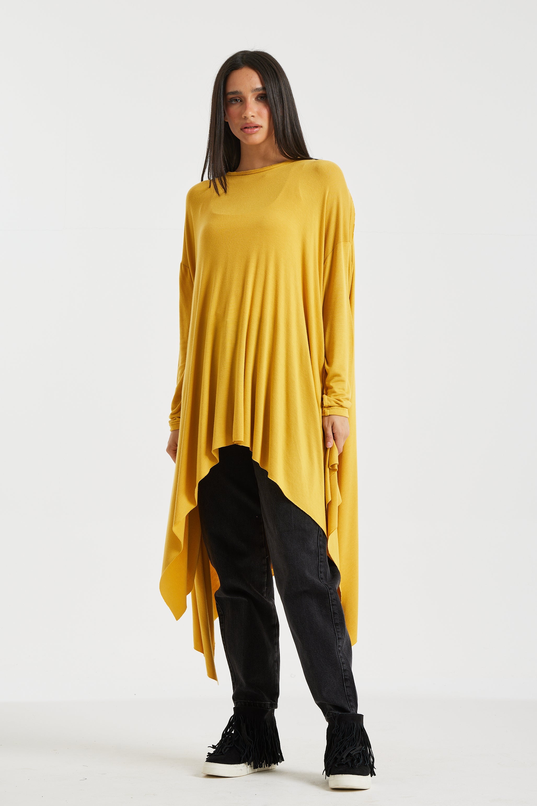 Asymmetrical Long Top In Mustard