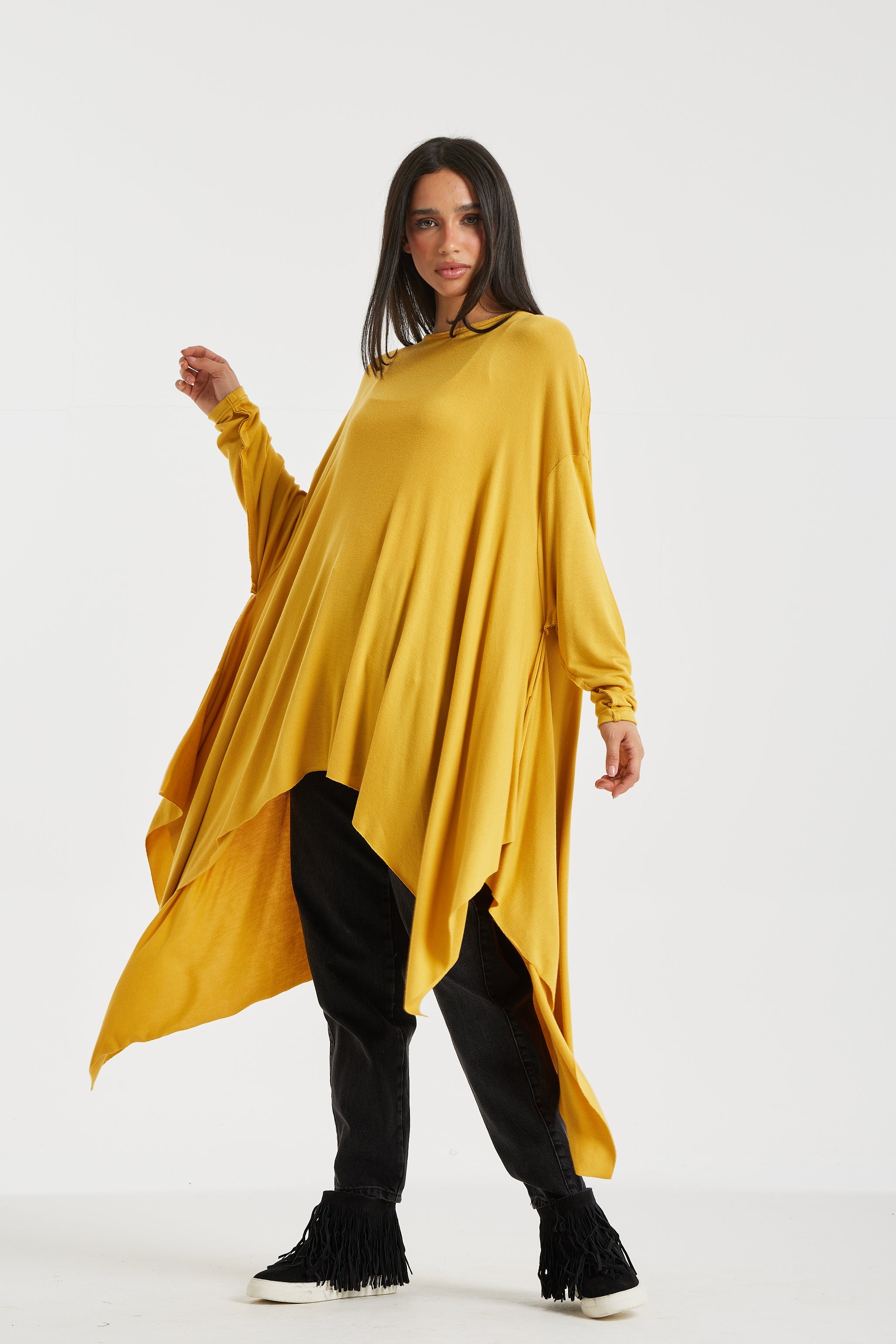 Asymmetrical Long Top In Mustard